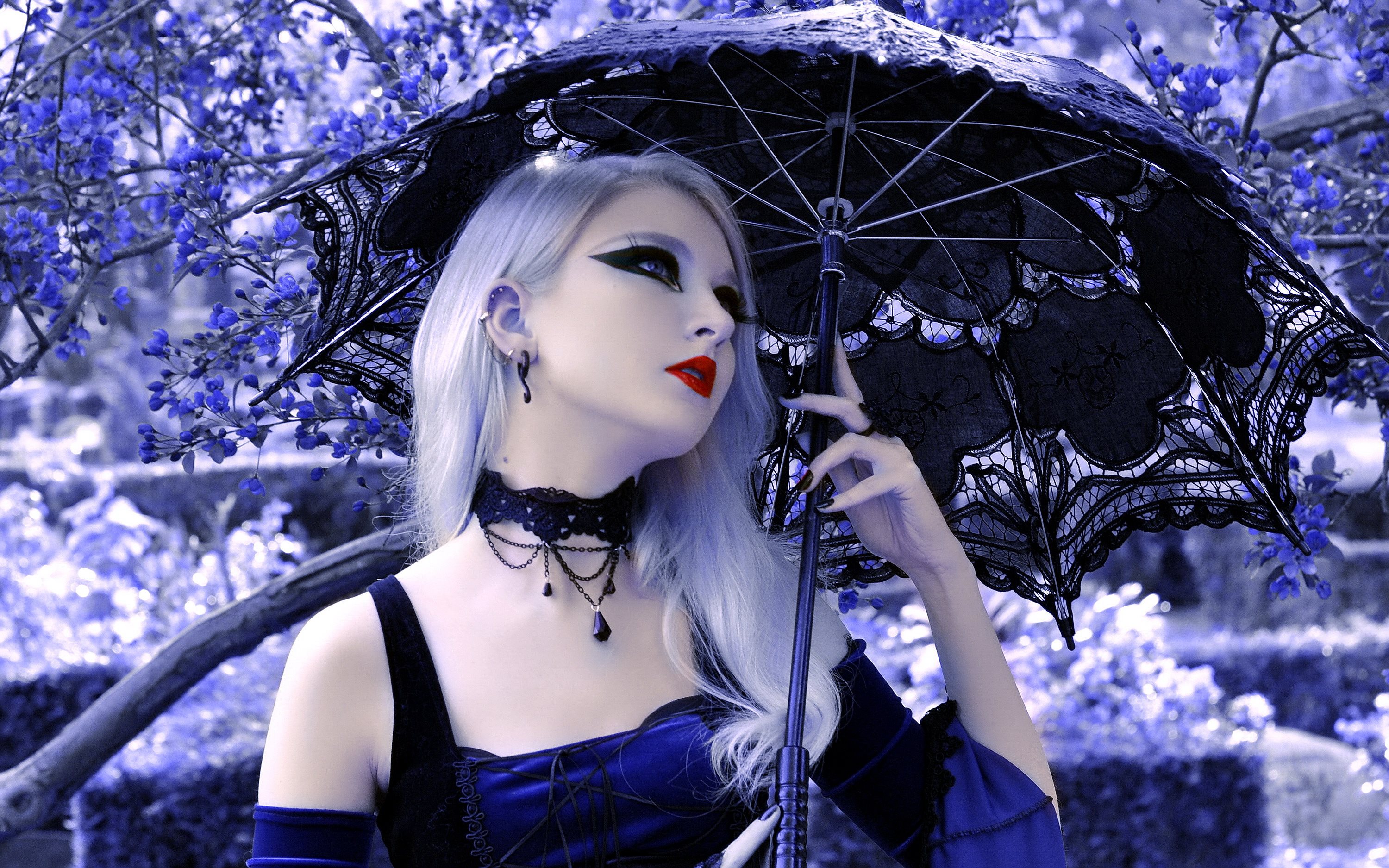 Goth girl with black umbrella and blue flowers HD Wallpaper