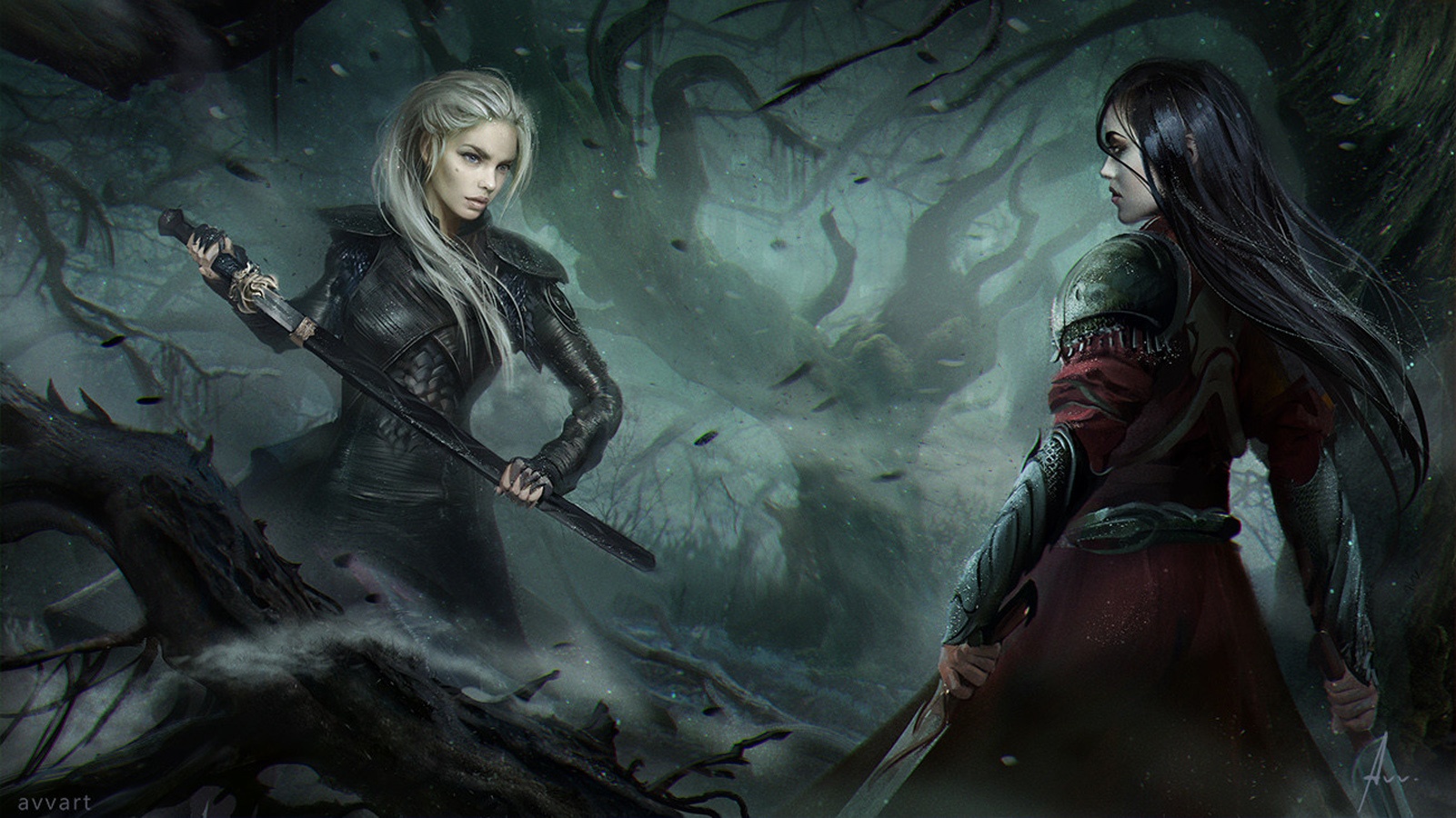 Two female warriors in a dark fantasy forest HD Wallpaper