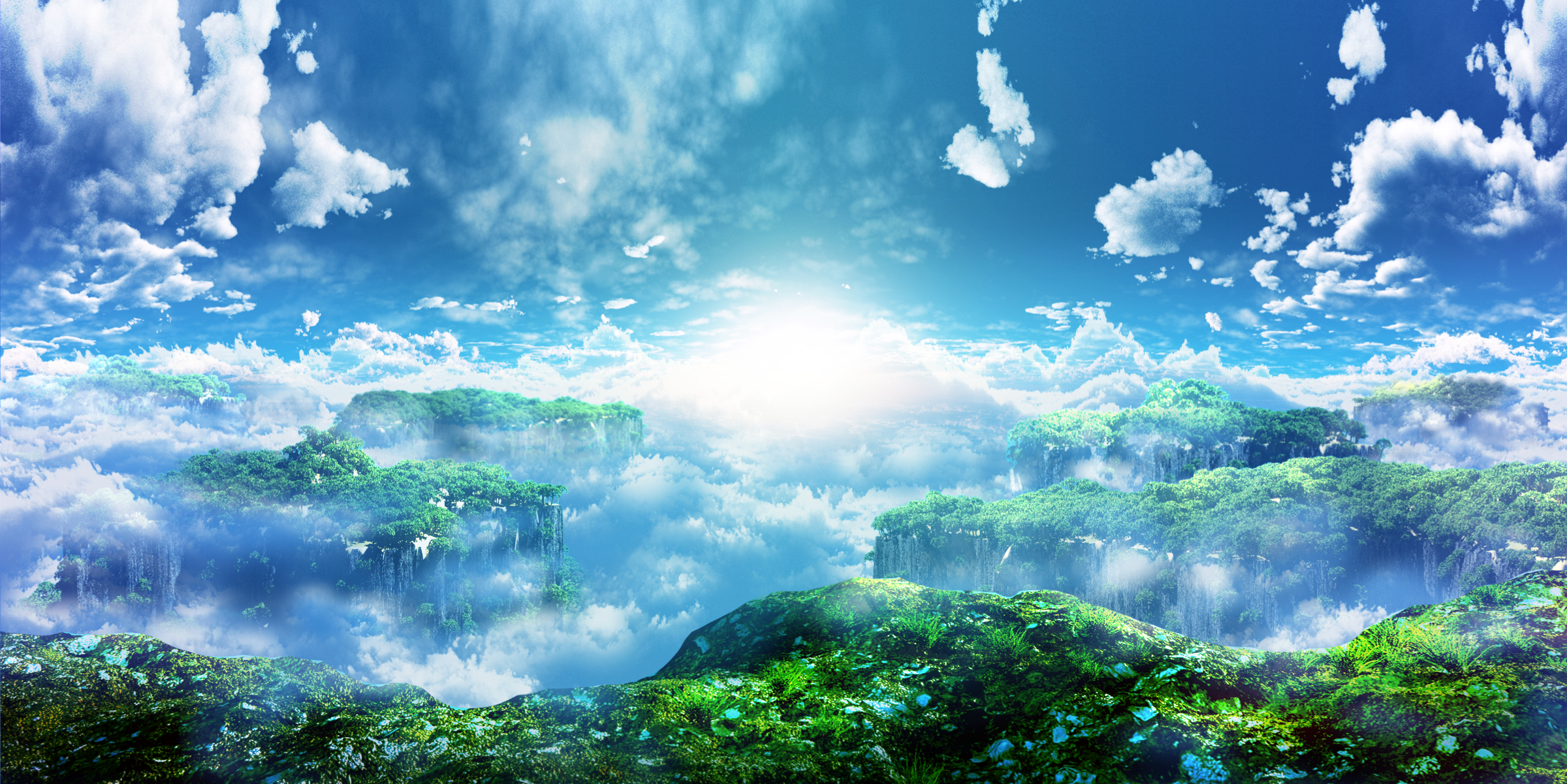 Floating islands in the sky with clouds and sun HD Wallpaper