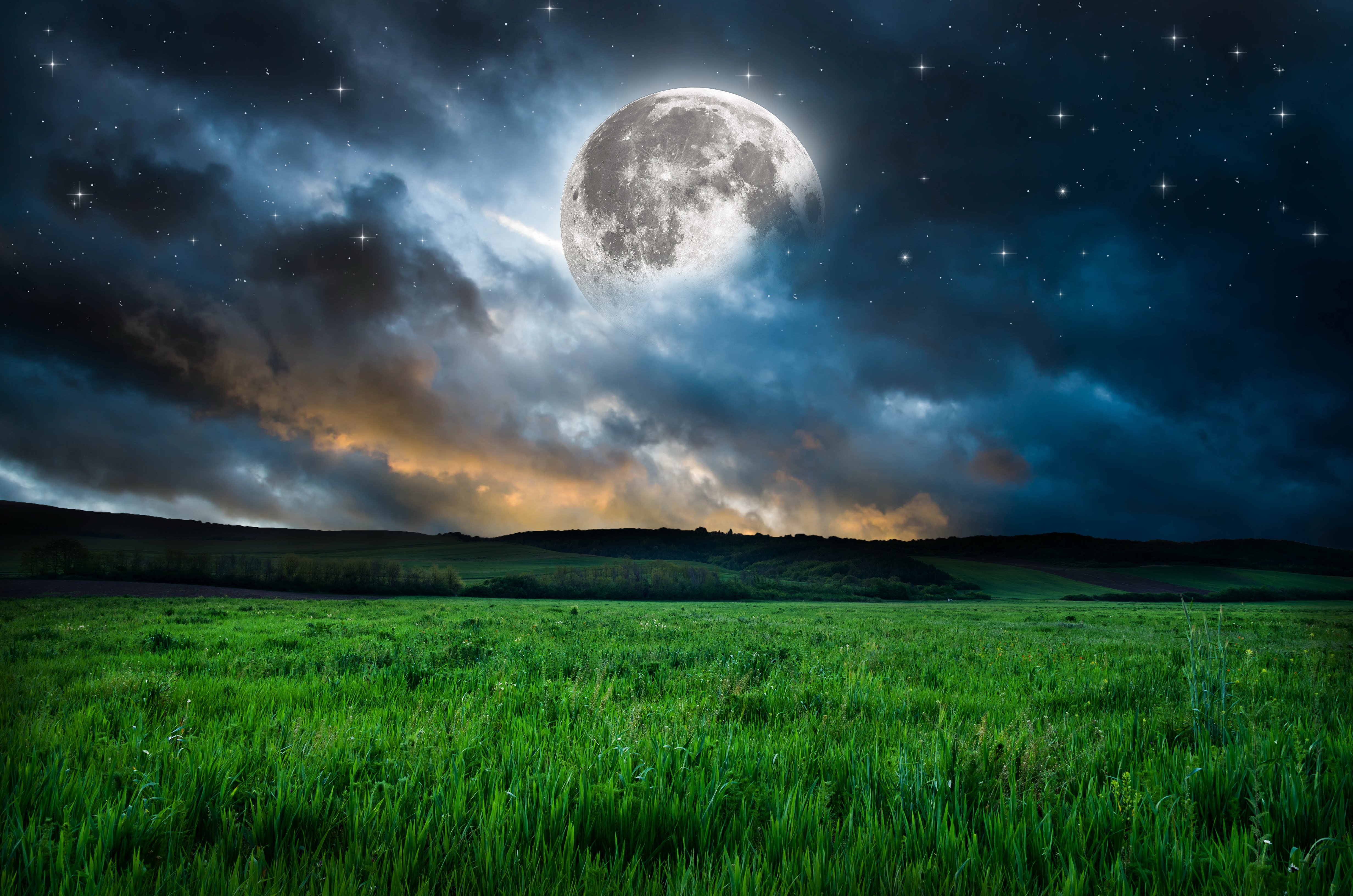 Fantasy night landscape with moon and stars HD Wallpaper