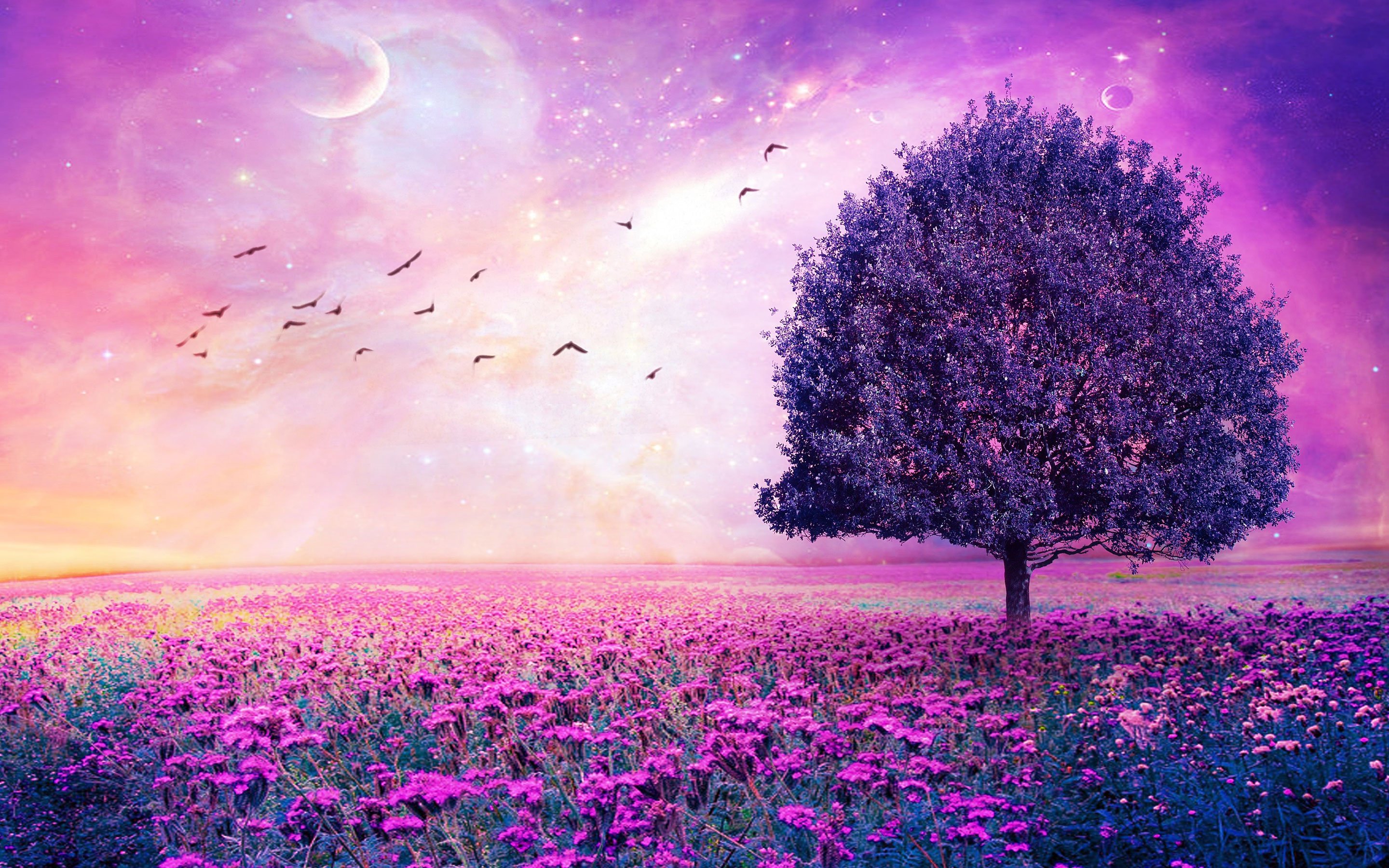 Purple Fantasy Field with Lone Tree and Starry Sky HD Wallpaper
