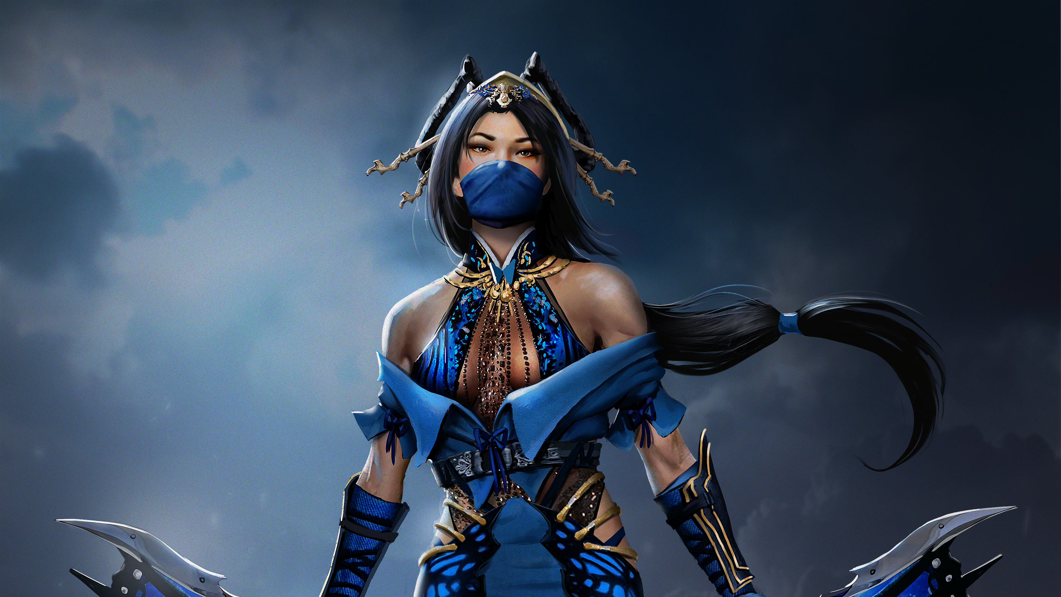 Fantasy Warrior Woman in Blue Armor 4K HD Wallpaper