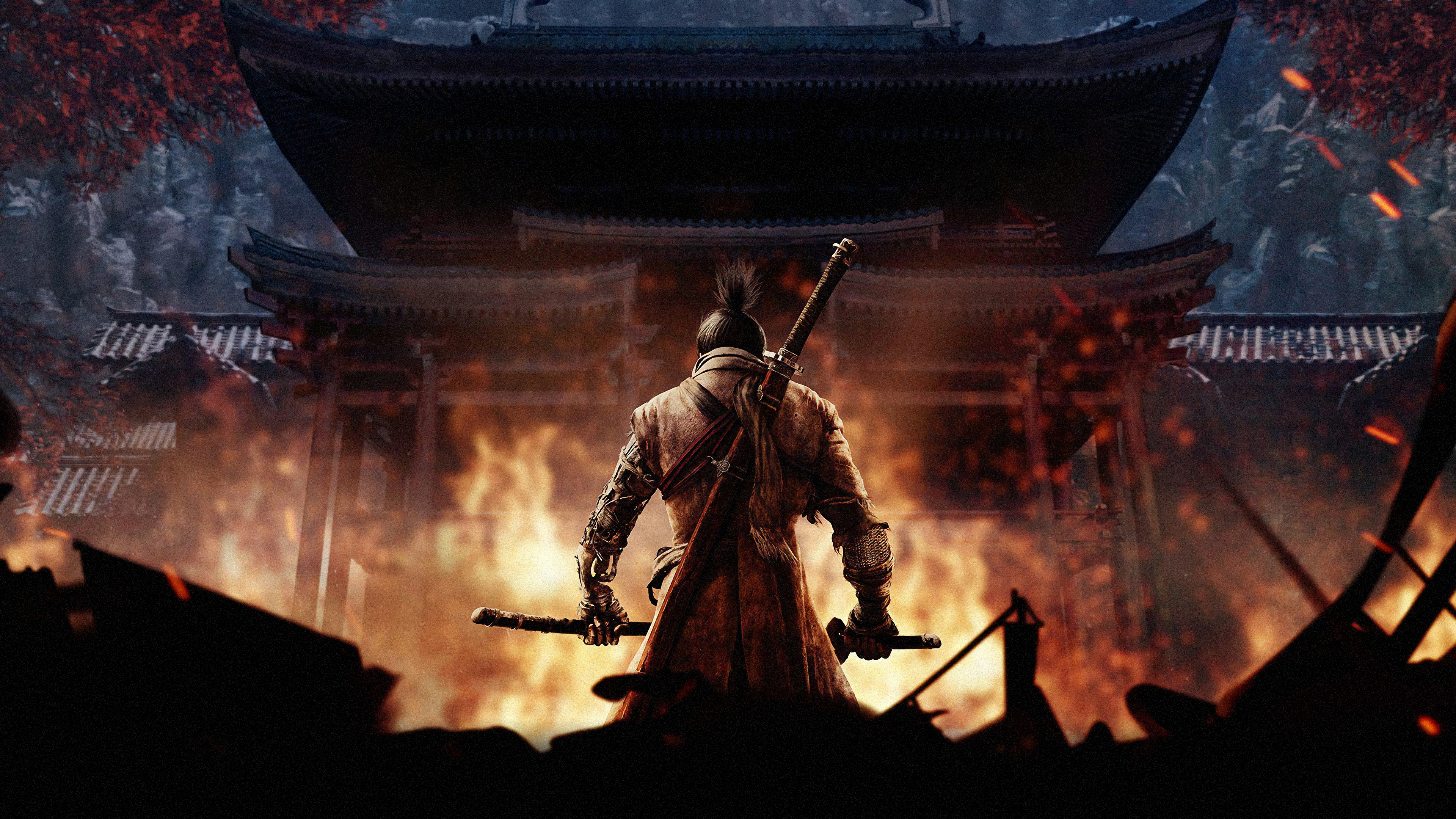 Sekiro from Sekiro: Shadows Die Twice in front of burning temple HD Wallpaper
