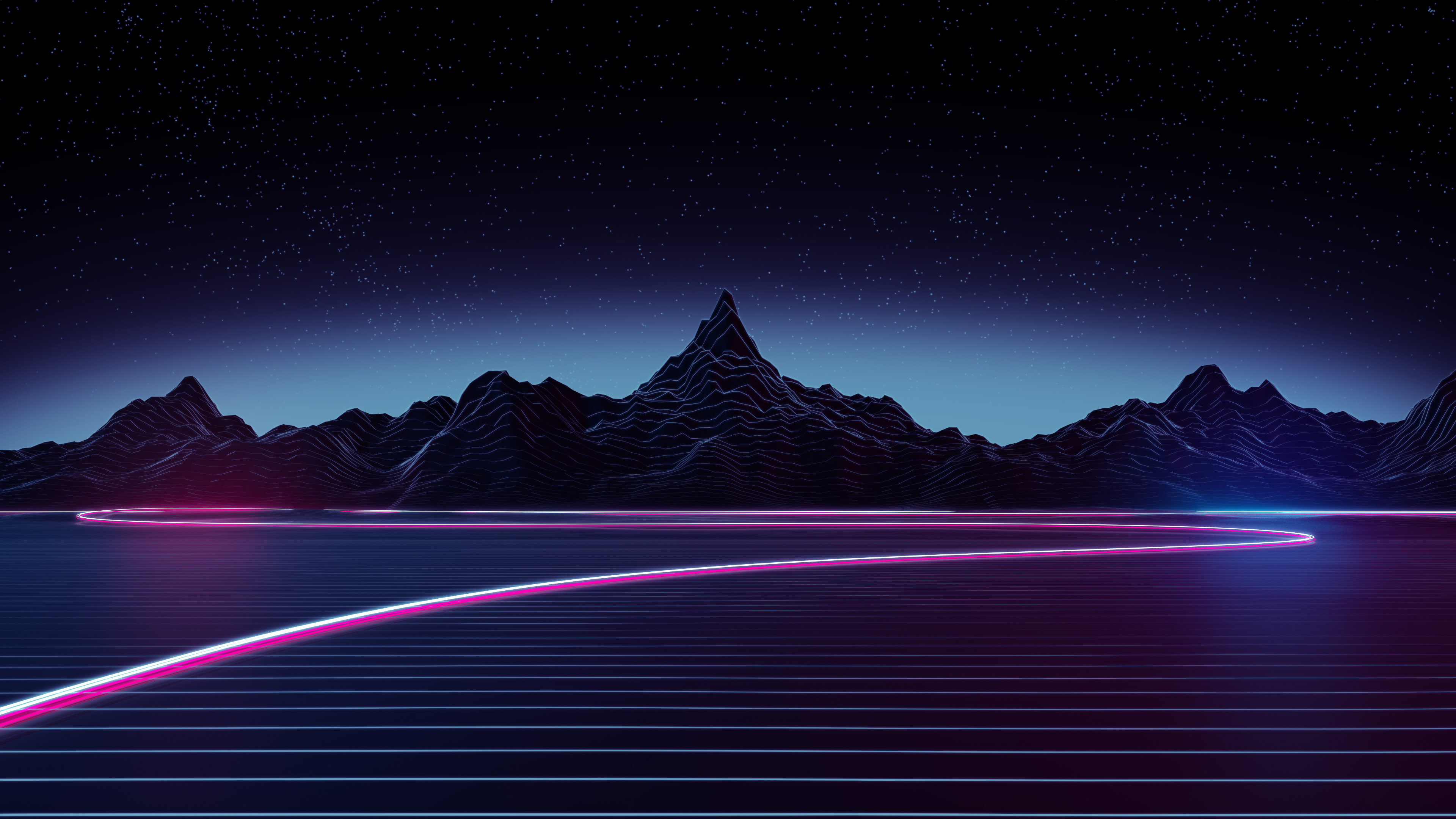 Retrowave Digital Art Landscape with Neon Highway HD Wallpaper