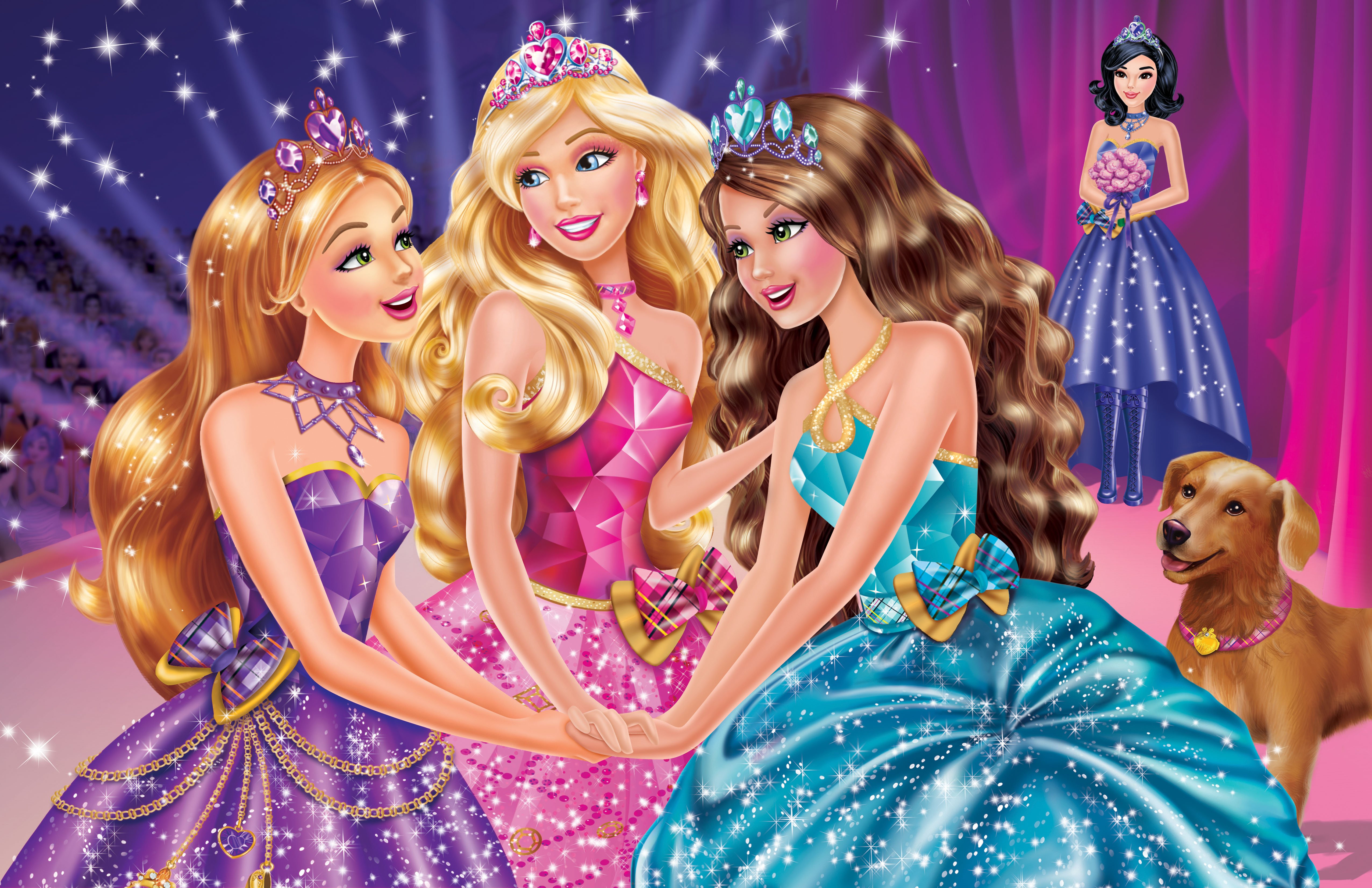 Barbie dolls in princess dresses with a dog HD Wallpaper