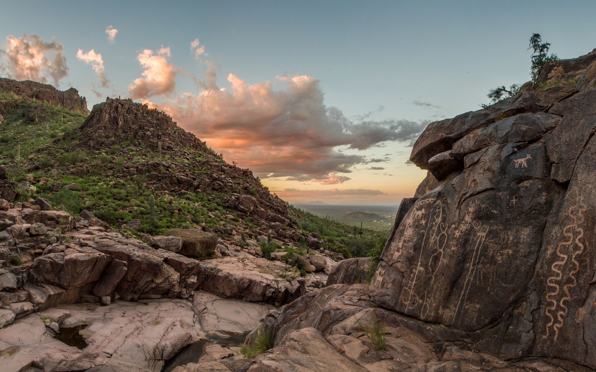 Petroglyphs on a rocky hillside at sunset HD Wallpaper