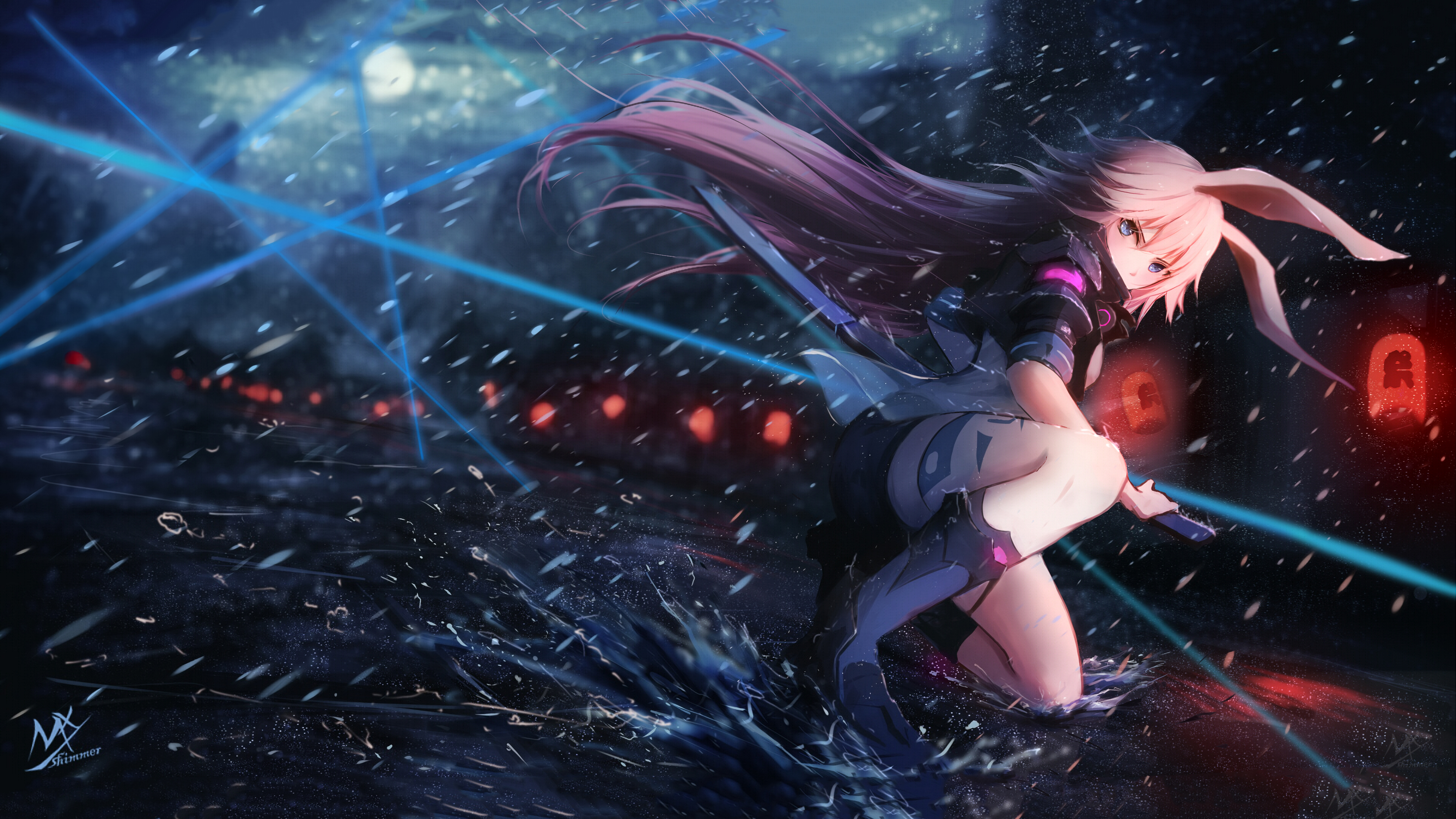 Anime Girl with Pink Hair in Neon Night Scene 4K HD Wallpaper