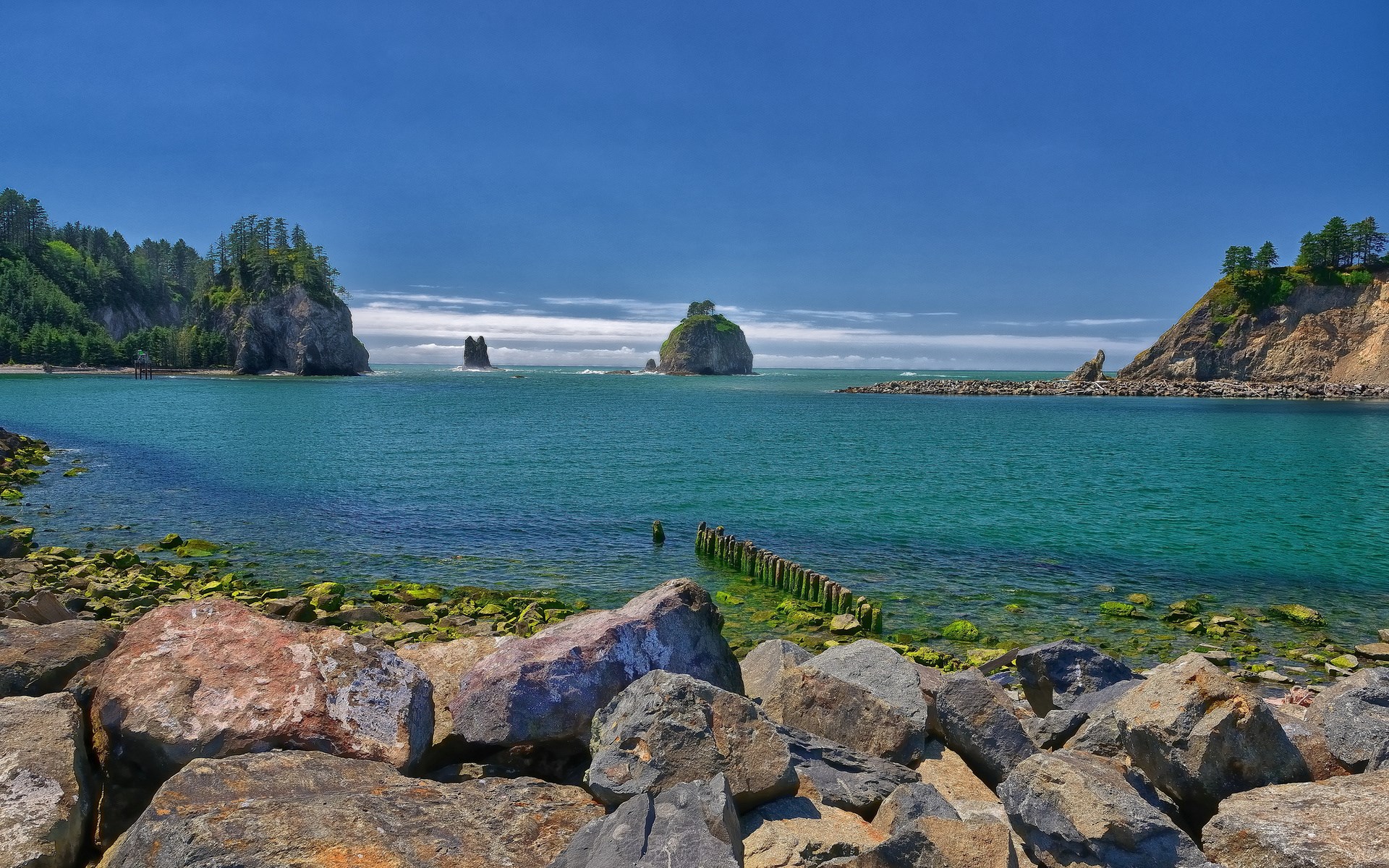 Rocky Coastline with Sea Stacks and Turquoise Water HD Wallpaper