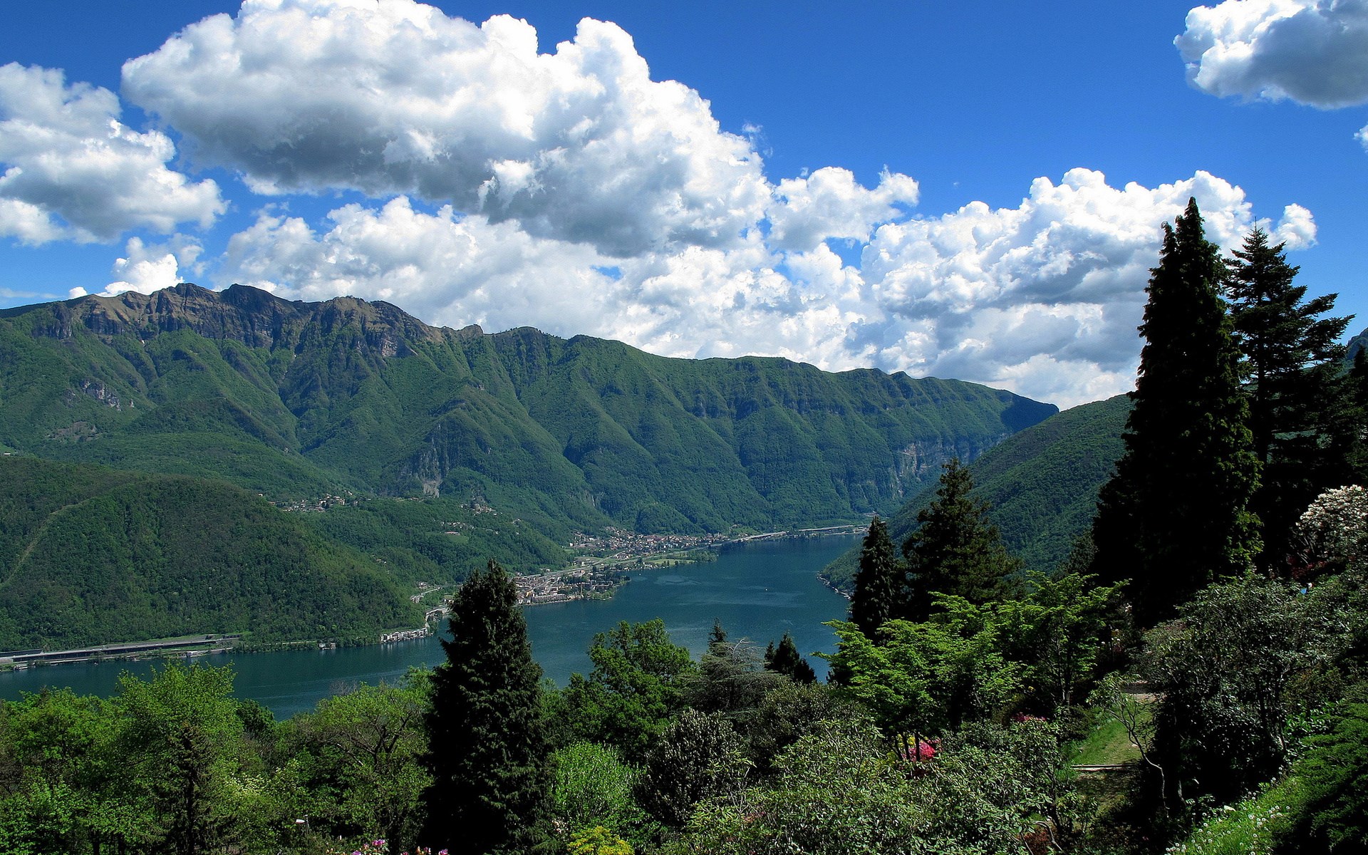 Lake and mountains with trees in the foreground HD Wallpaper