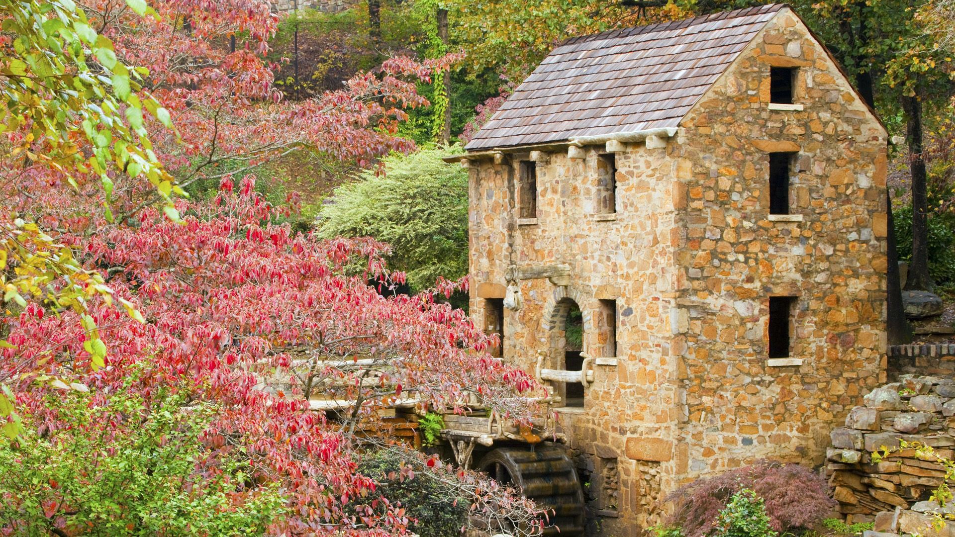 Stone Mill with Water Wheel and Autumn Foliage HD Wallpaper