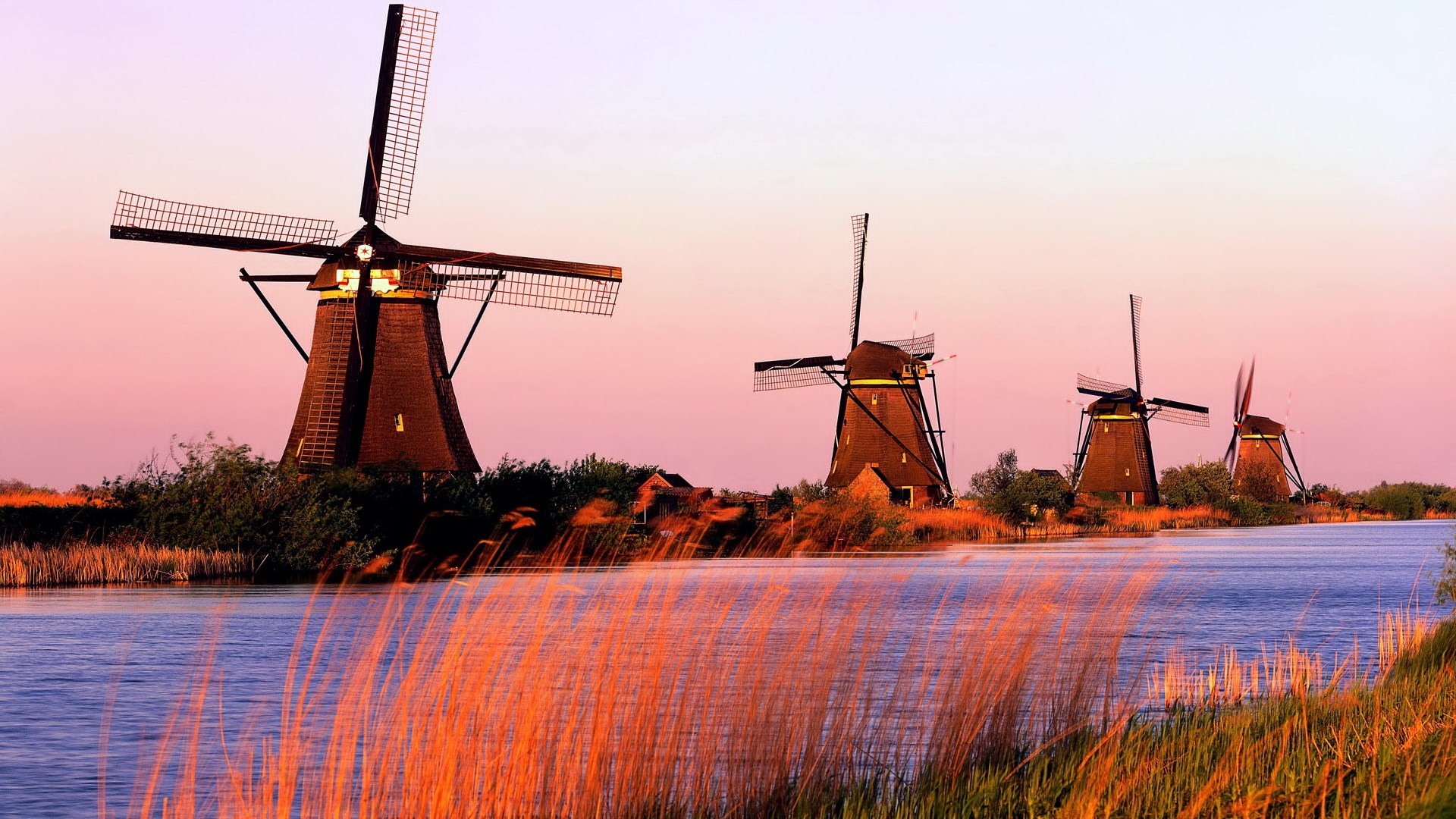 Windmills along a canal at sunset HD Wallpaper