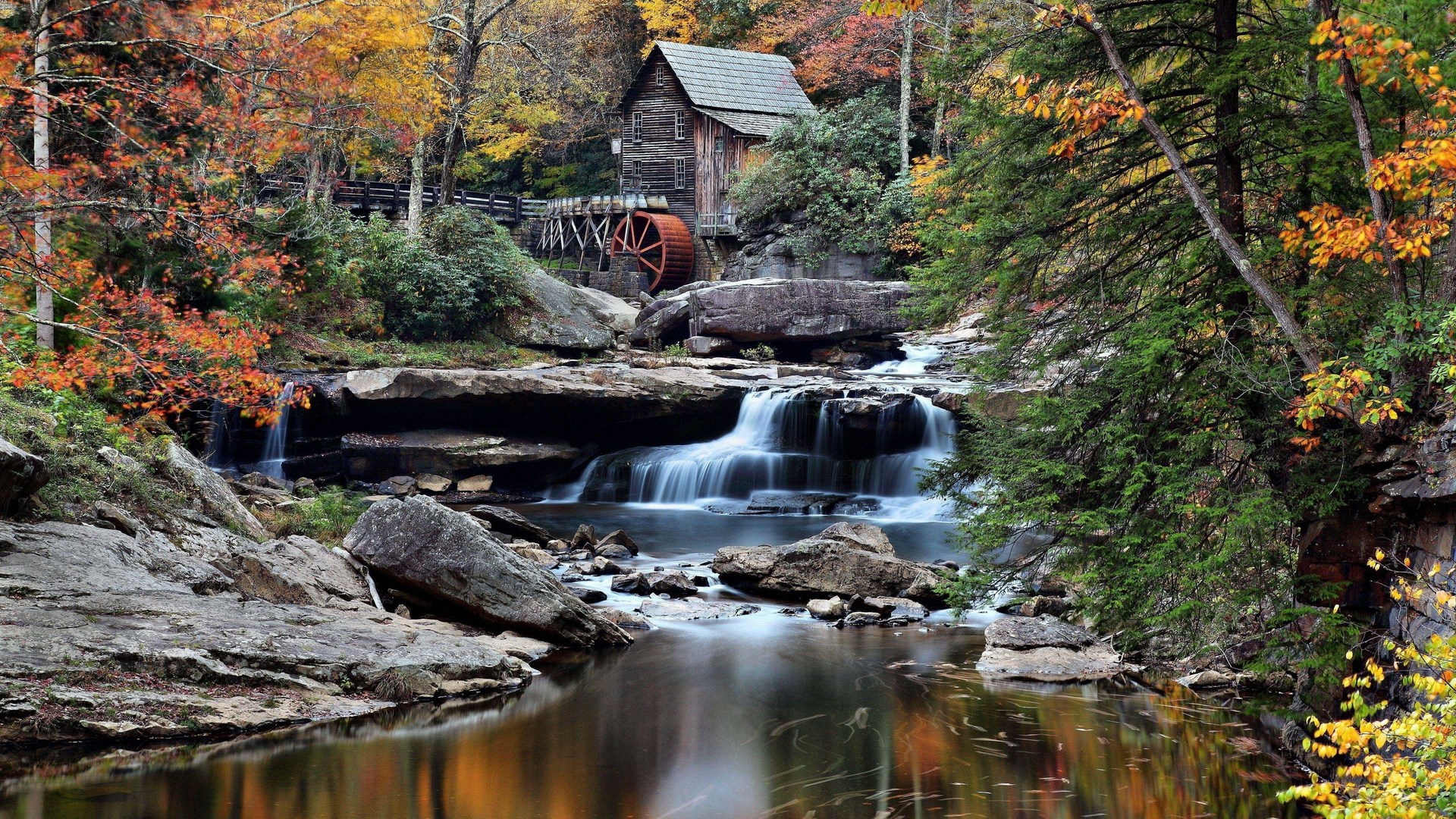 Old mill with water wheel by a waterfall in autumn HD Wallpaper