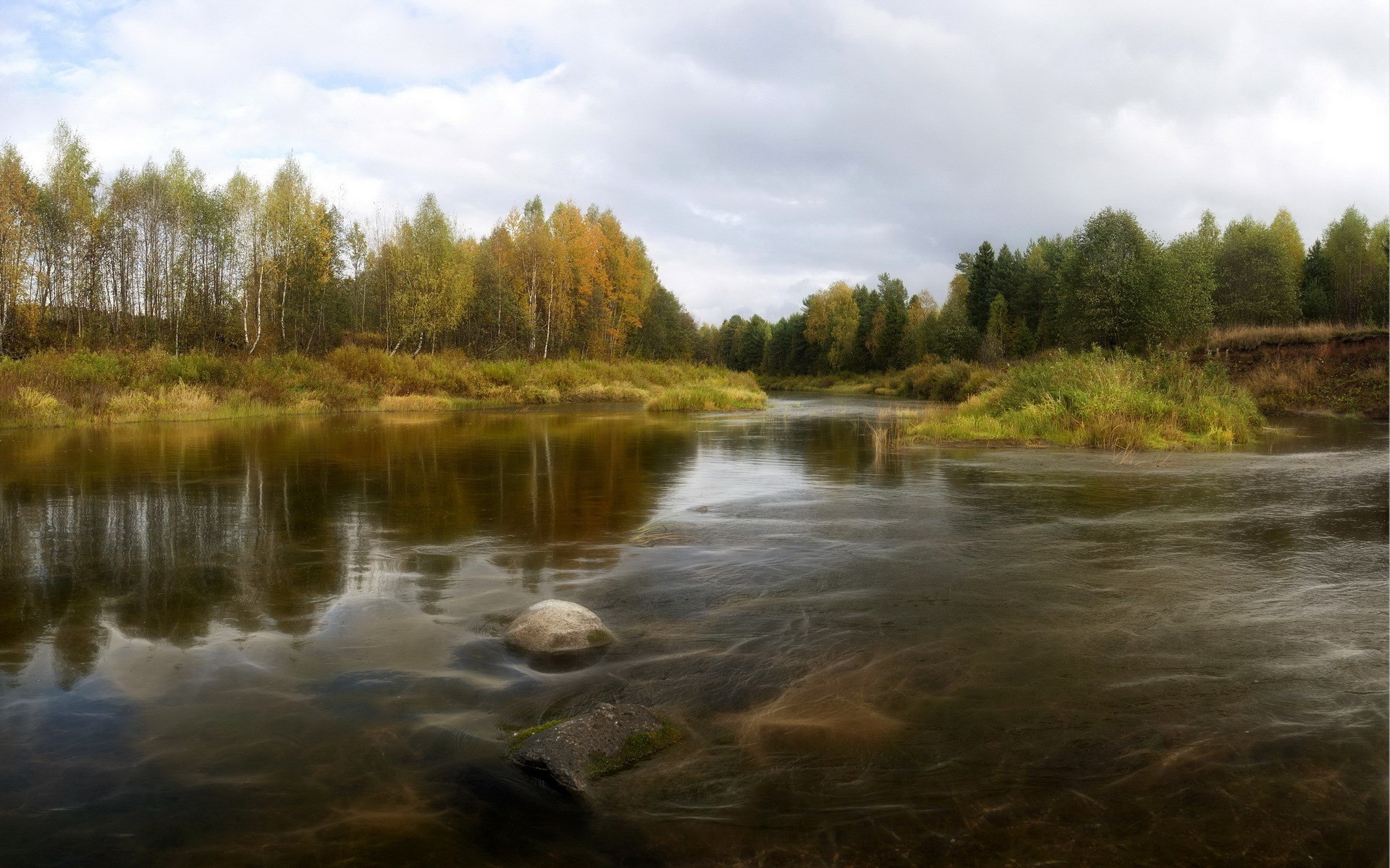River flowing through autumn forest with reflections HD Wallpaper