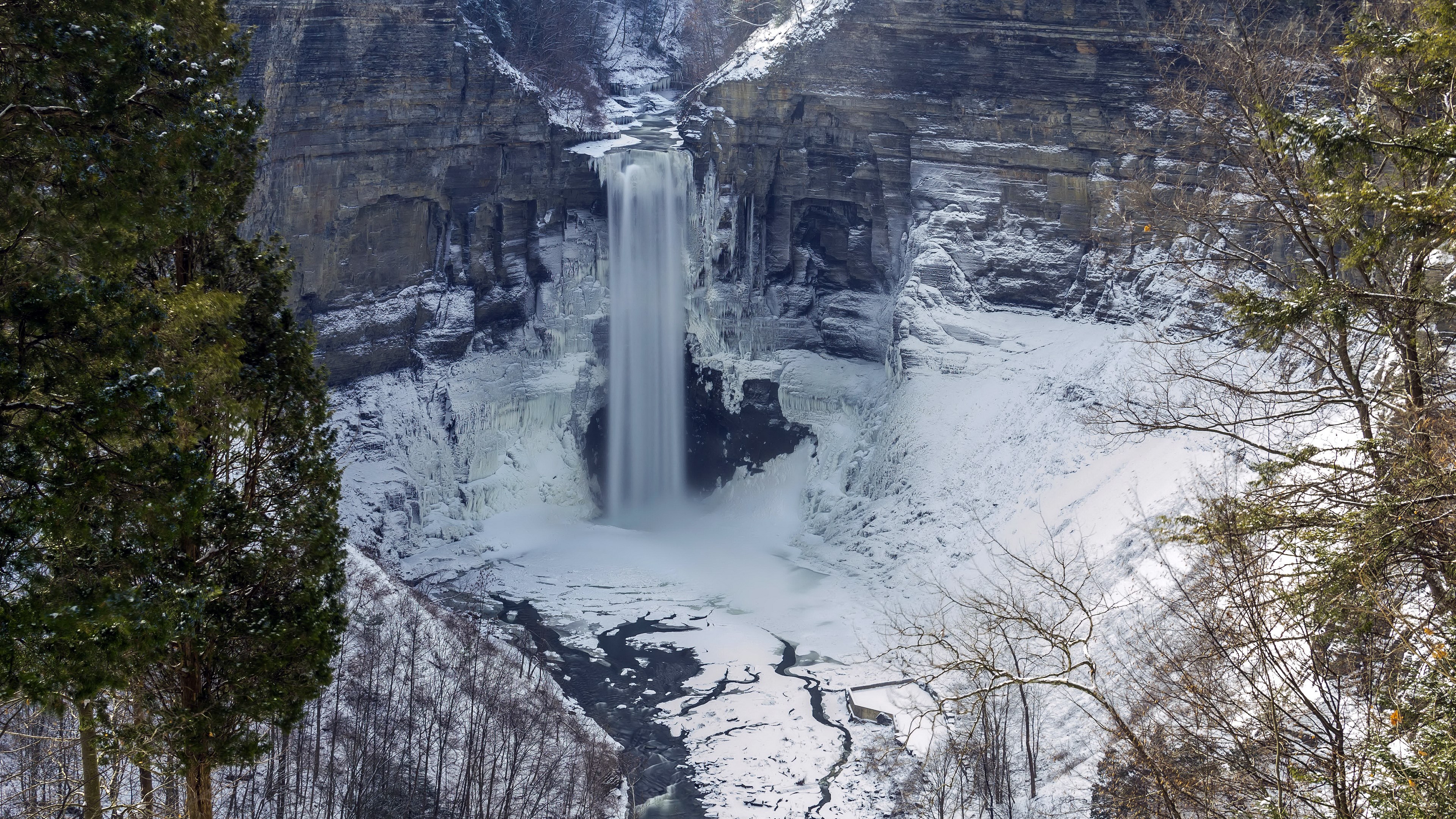 Frozen waterfall in a rocky gorge with trees HD Wallpaper
