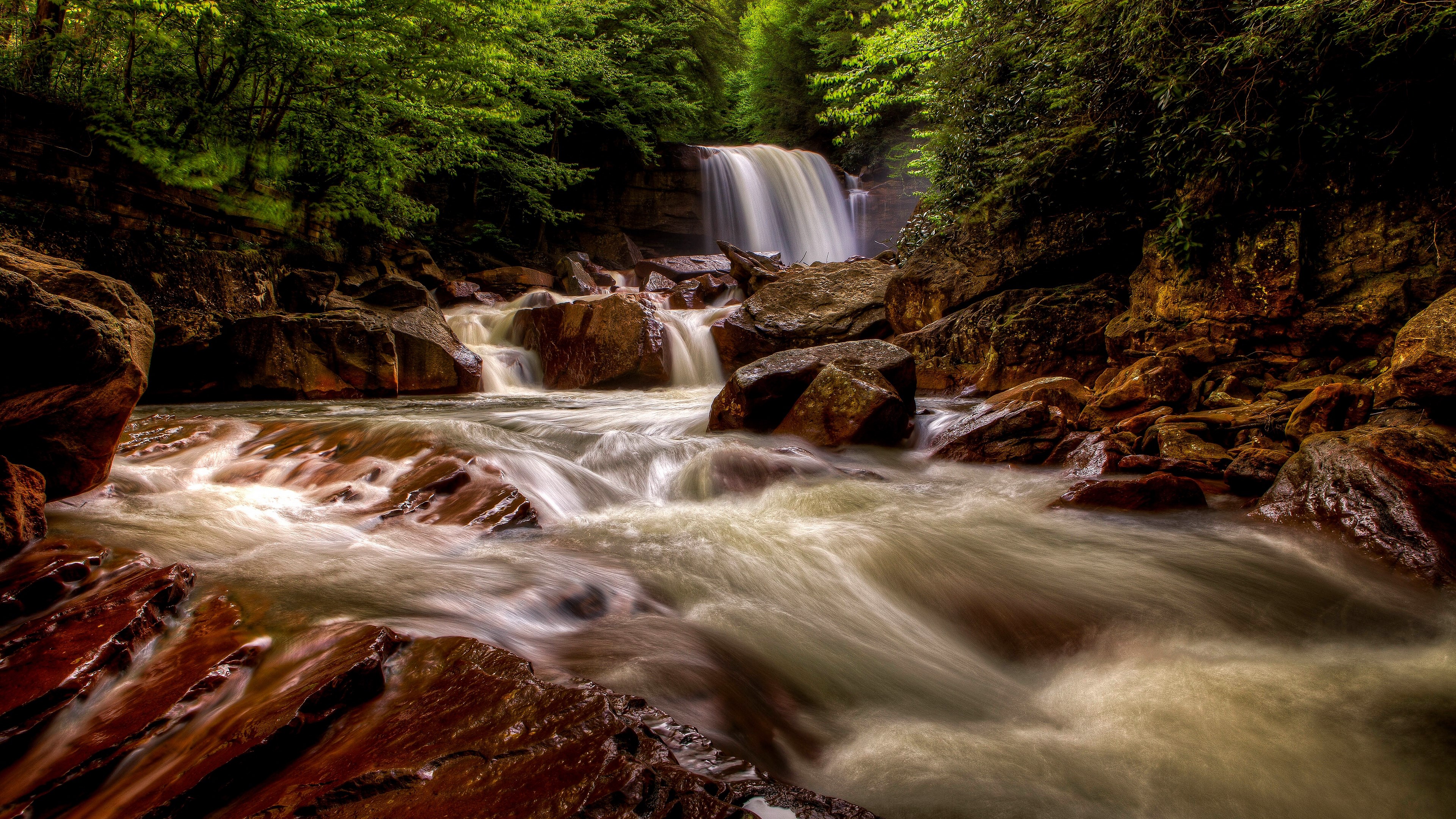 Waterfall flowing over rocks in a forest HD Wallpaper