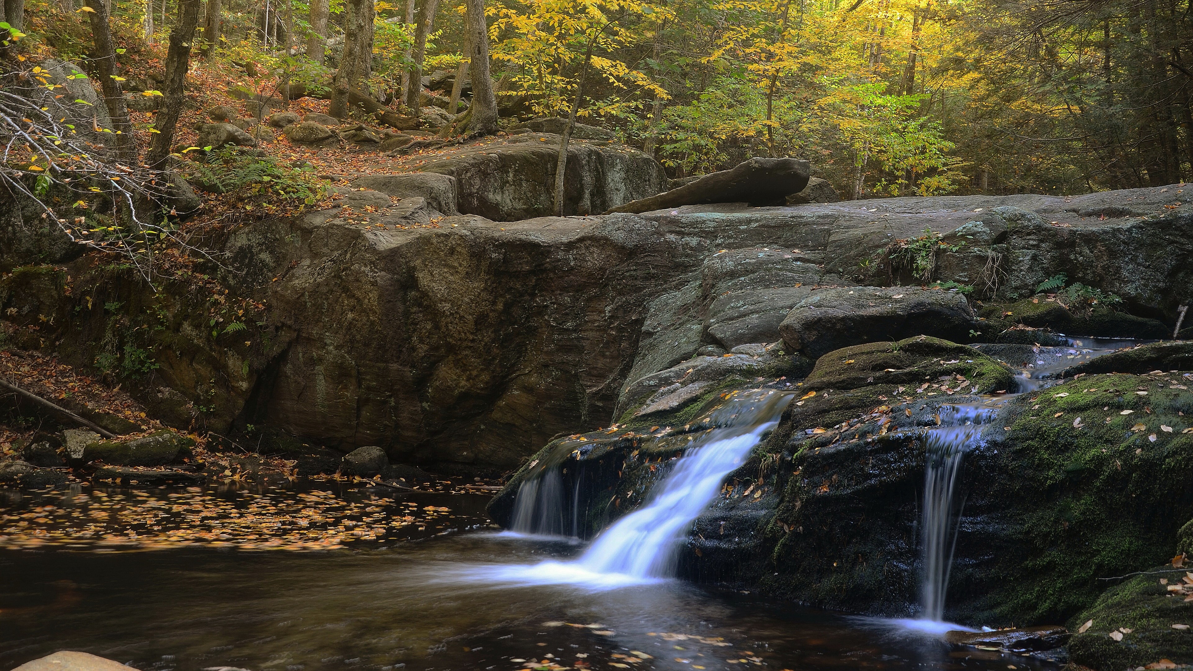 Waterfall cascading over mossy rocks in autumn forest HD Wallpaper