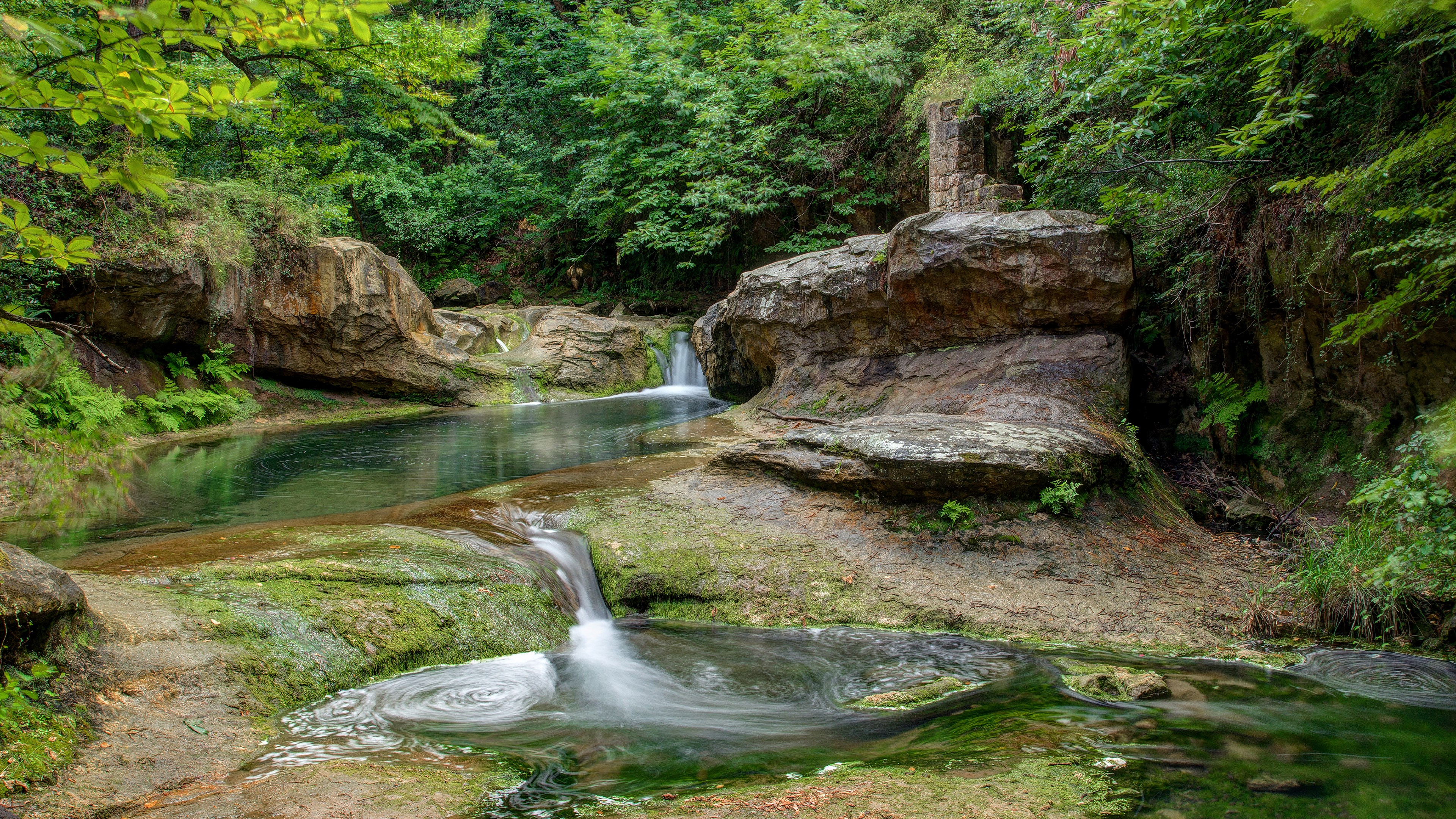 A serene forest stream with waterfalls and moss-covered rocks HD Wallpaper