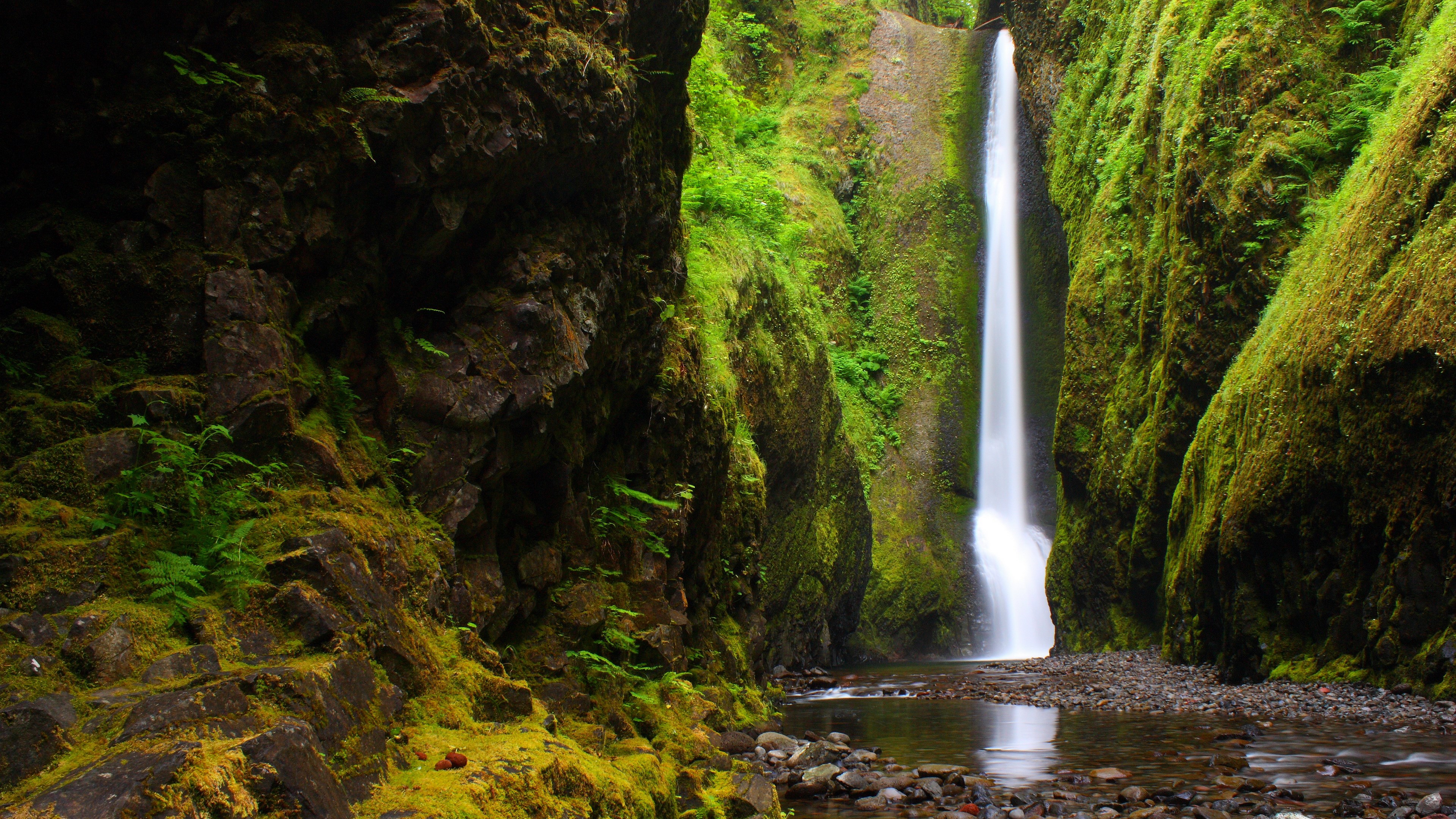 Waterfall cascading down moss-covered cliffs into a stream HD Wallpaper