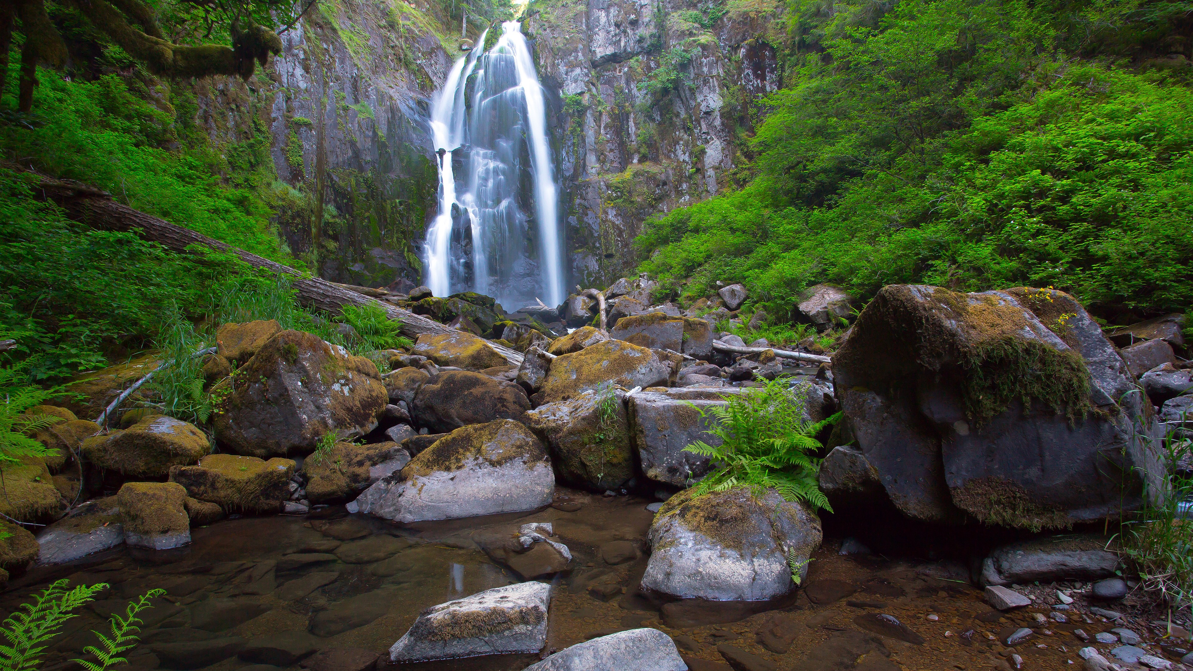 Waterfall cascading down a rocky cliff surrounded by greenery HD Wallpaper