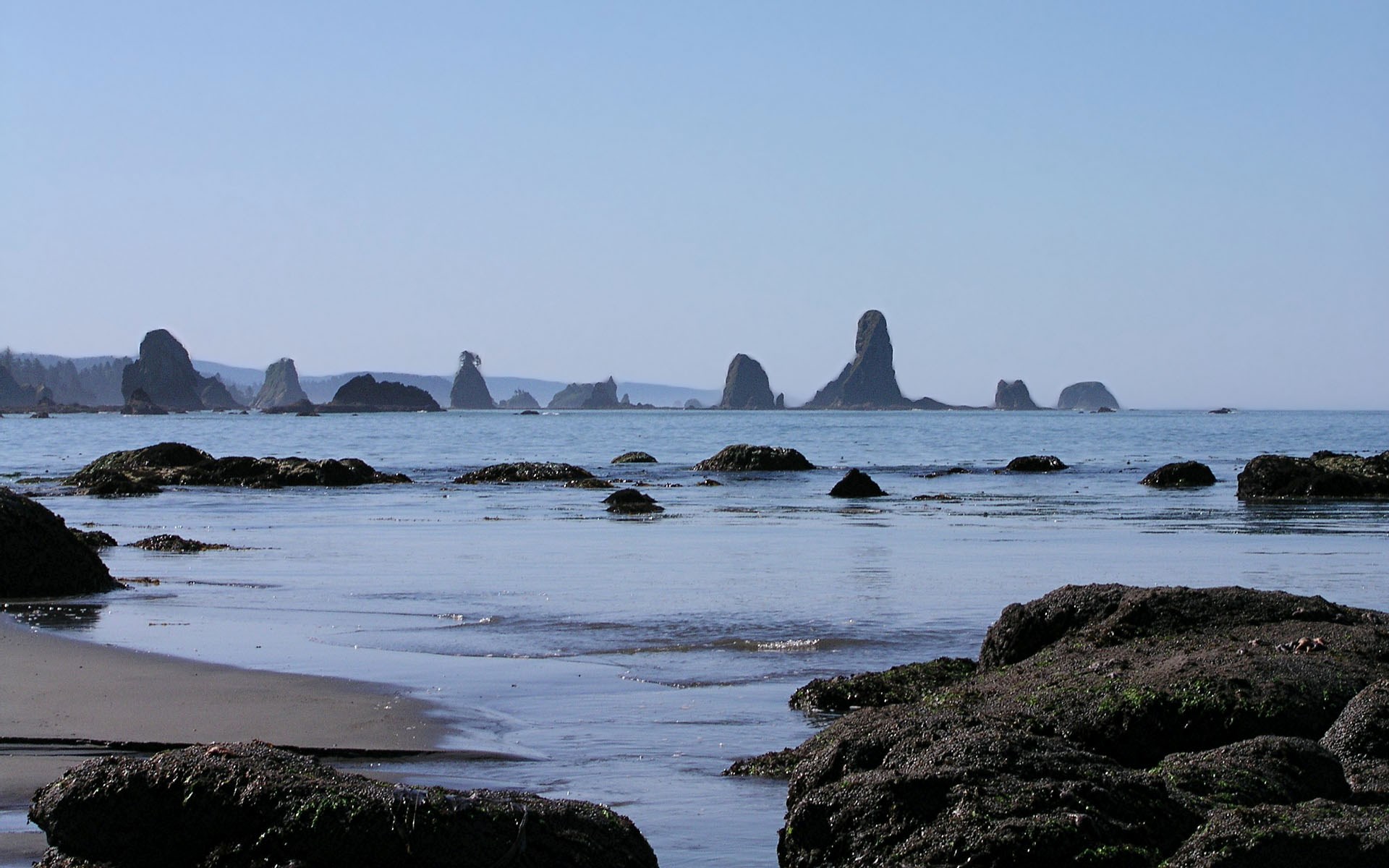 Sea stacks and rocky shore on a clear day HD Wallpaper