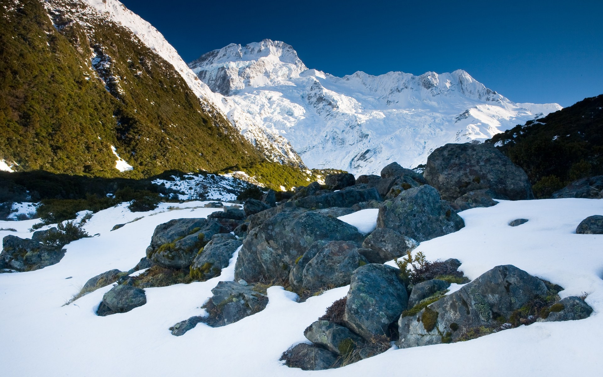 Snowy mountain landscape with rocks and trees HD Wallpaper