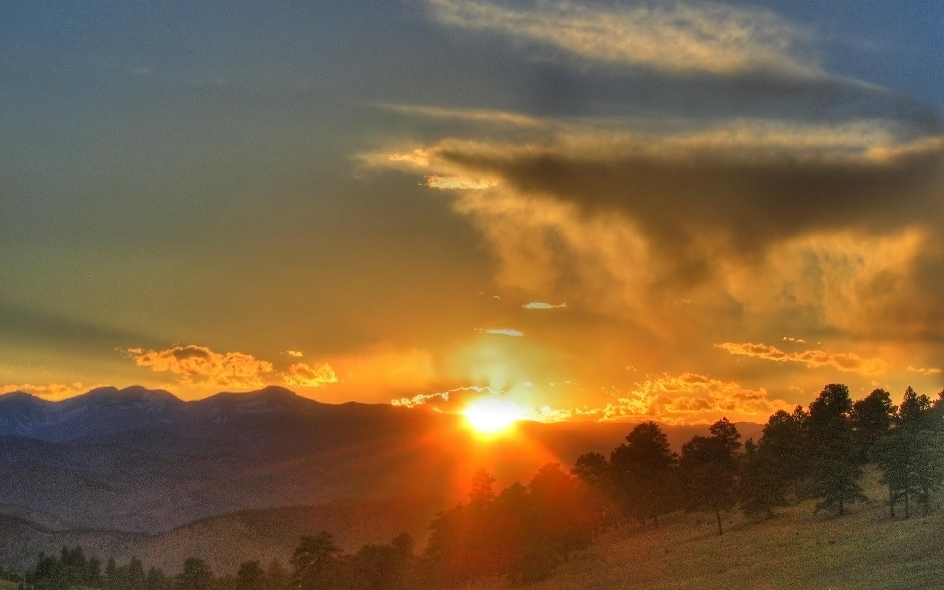 Sunset over mountains and pine trees HD Wallpaper