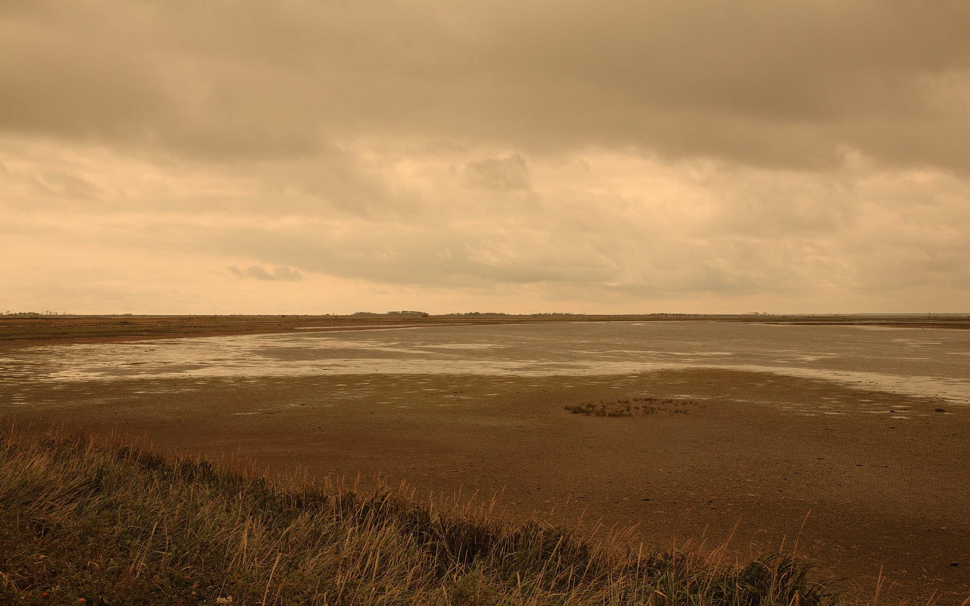Mudflats under a cloudy sky HD Wallpaper