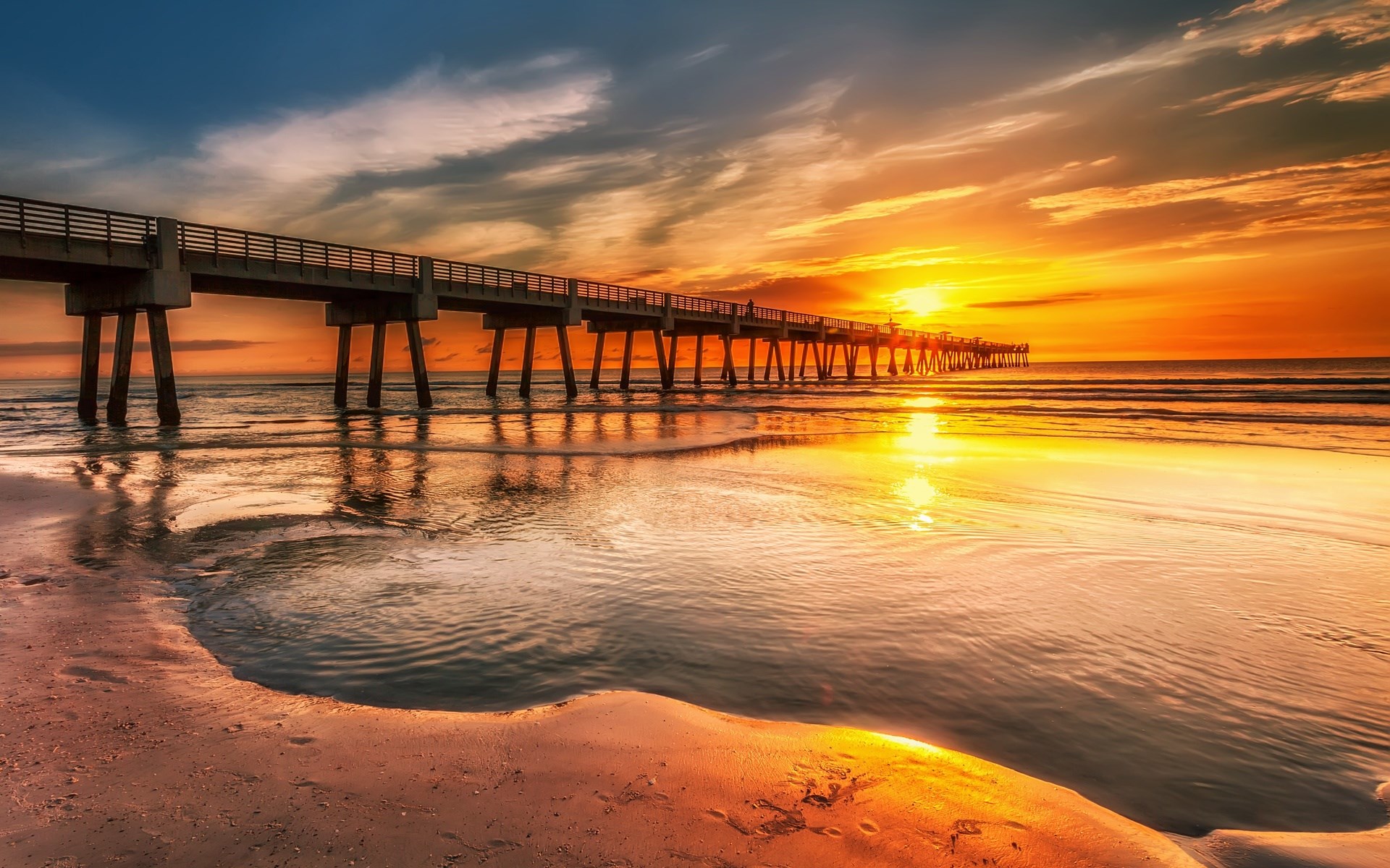 Pier over the ocean at sunset HD Wallpaper