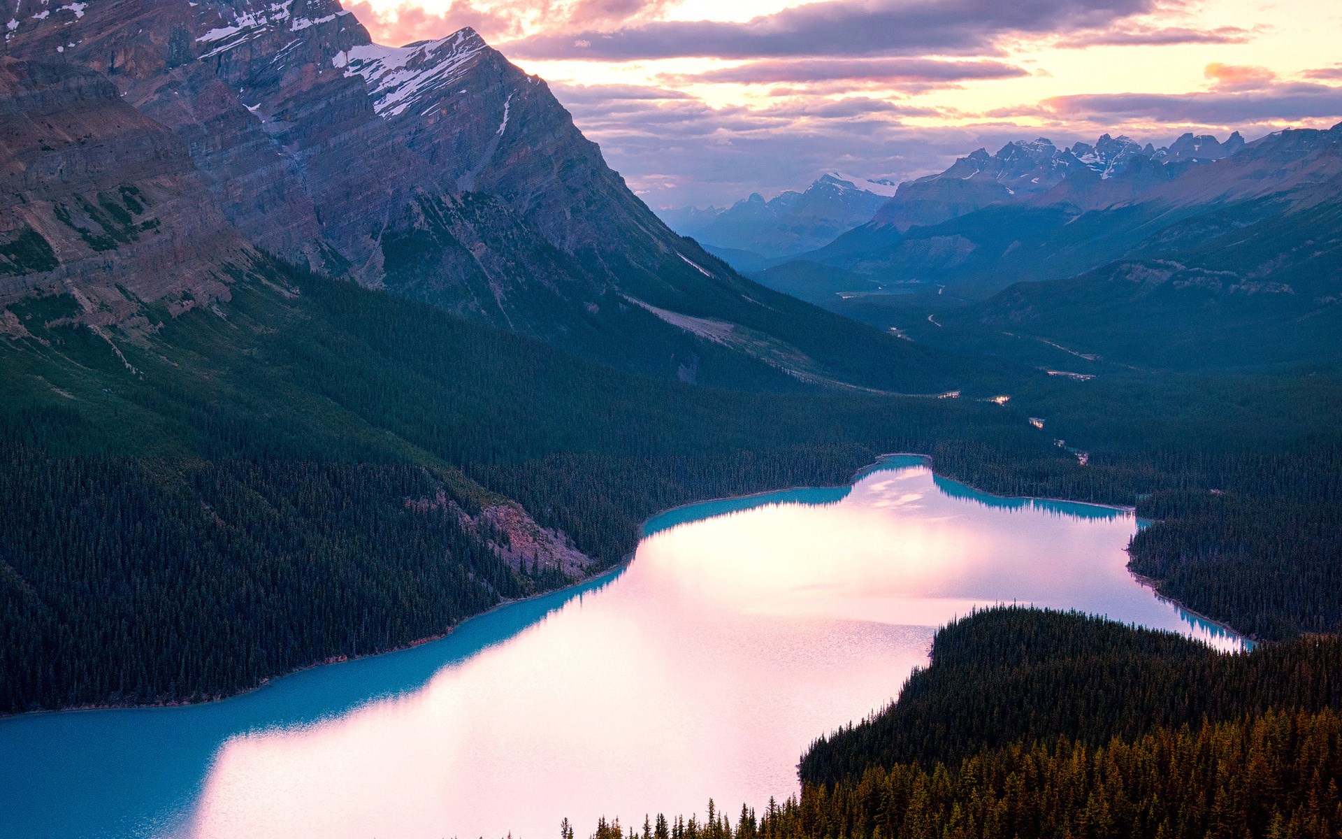 Mountain lake and forest at sunset HD Wallpaper