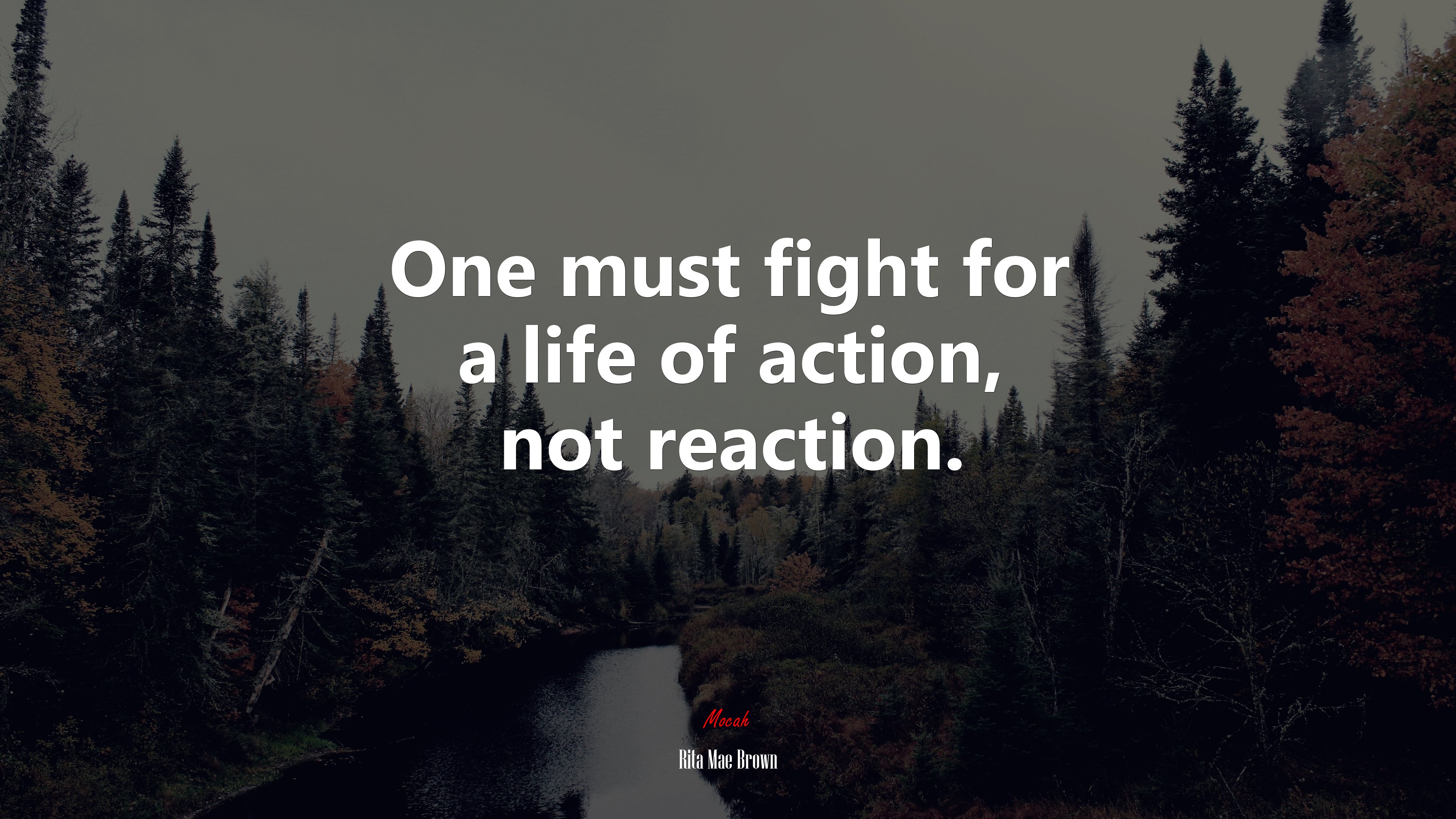 One must fight for a life of action, not reaction. | Rita Mae Brown quote HD Wallpaper