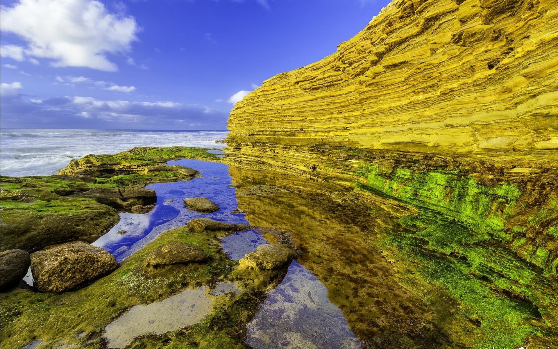 Yellow layered cliff face reflecting in tide pools HD Wallpaper