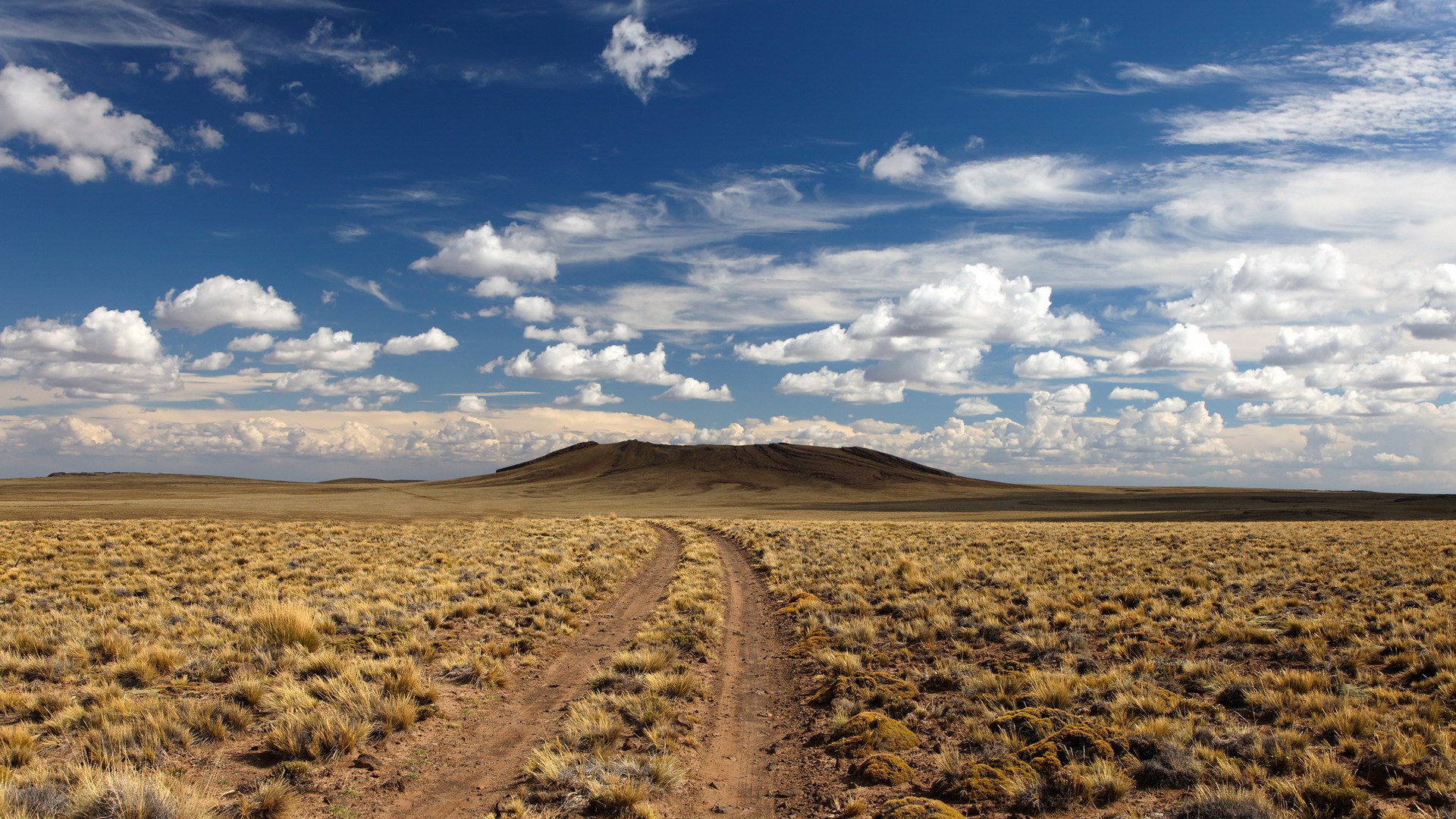 Dirt road leading to a mesa under a cloudy sky HD Wallpaper