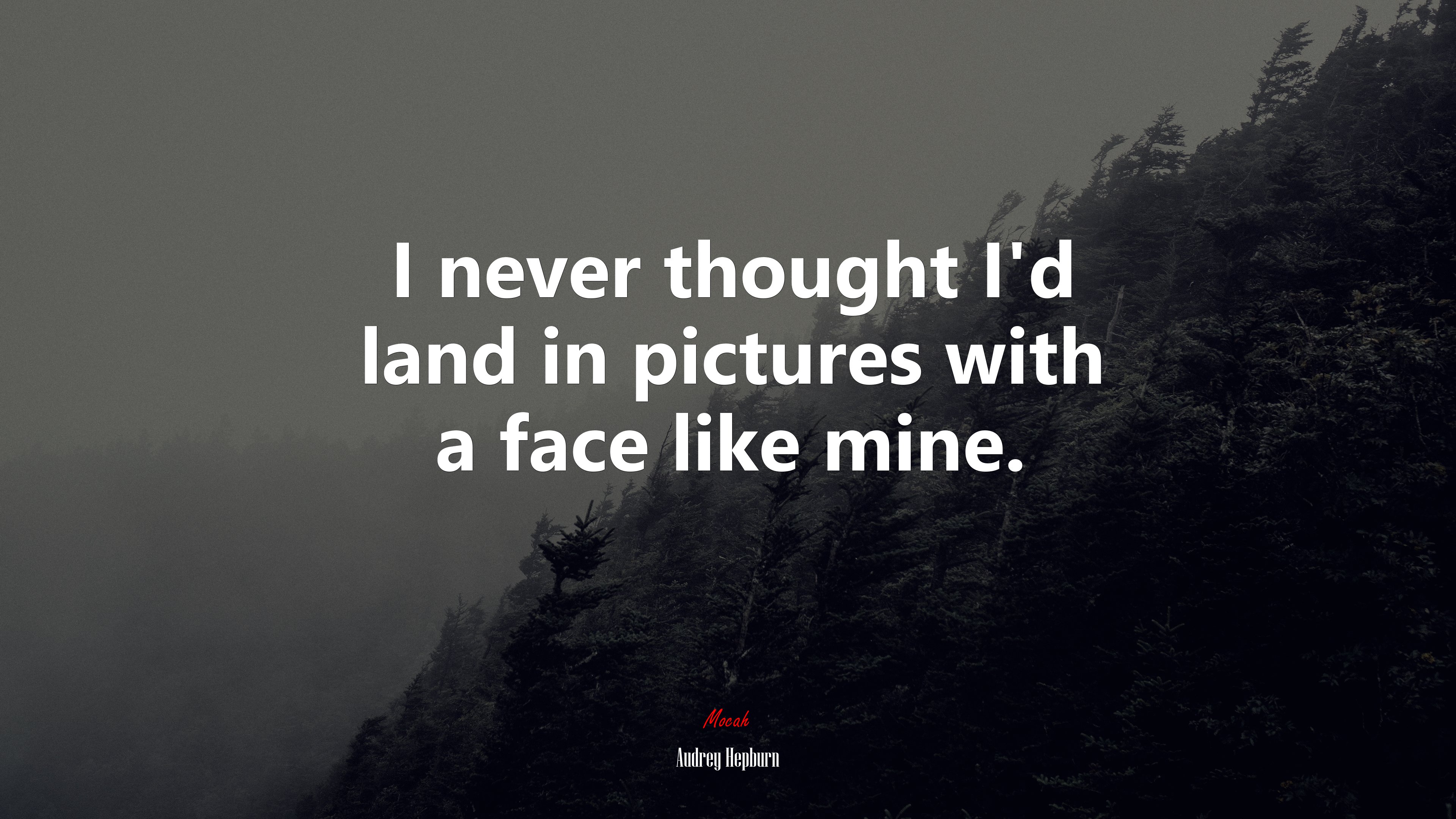 I never thought I’d land in pictures with a face like mine. | Audrey Hepburn quote HD Wallpaper