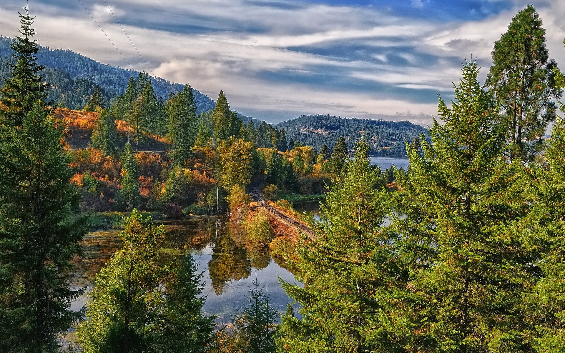 Autumn landscape with lake and pine trees HD Wallpaper