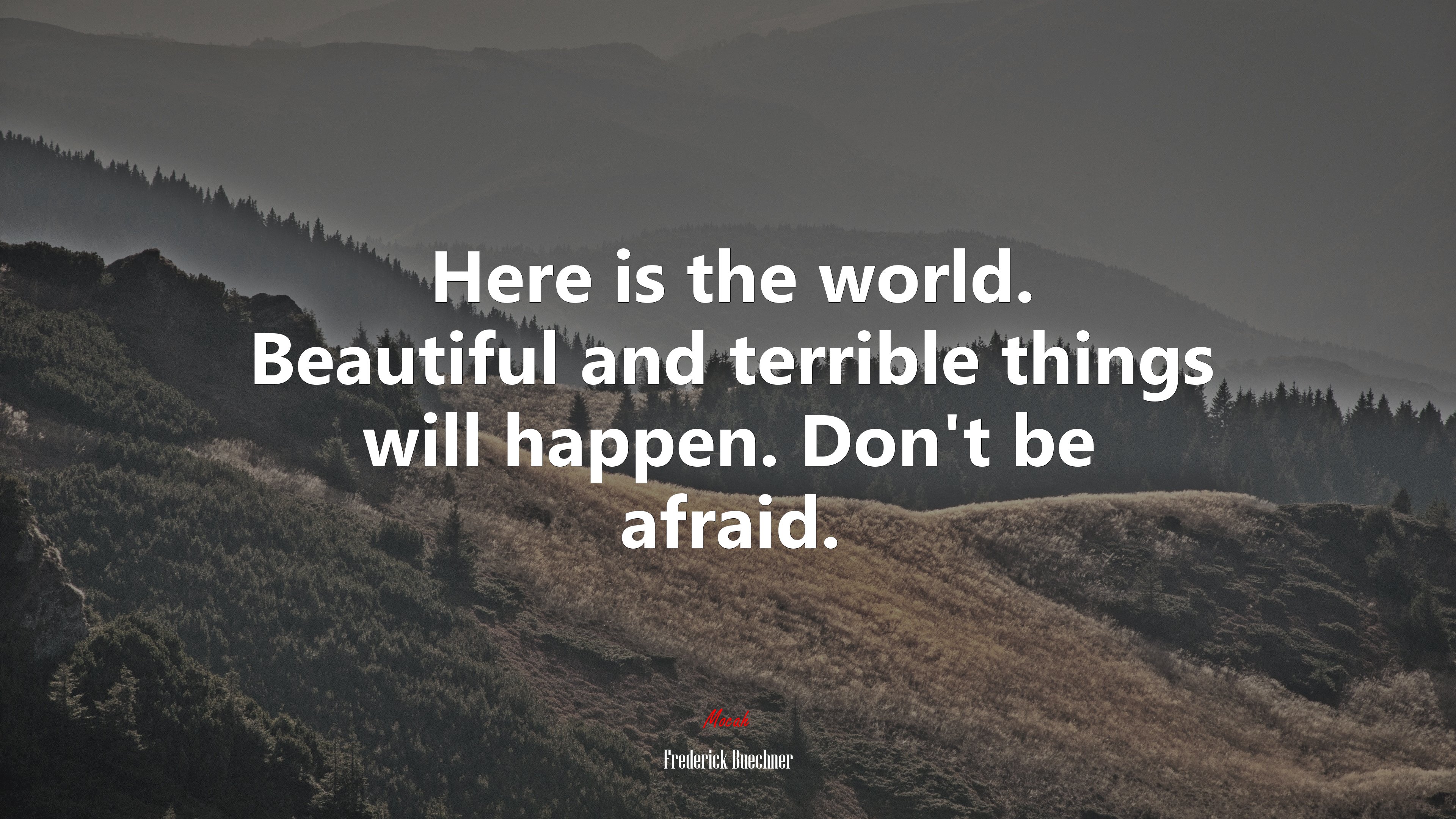 Here is the world. Beautiful and terrible things will happen. Don’t be afraid. | Frederick Buechner quote HD Wallpaper