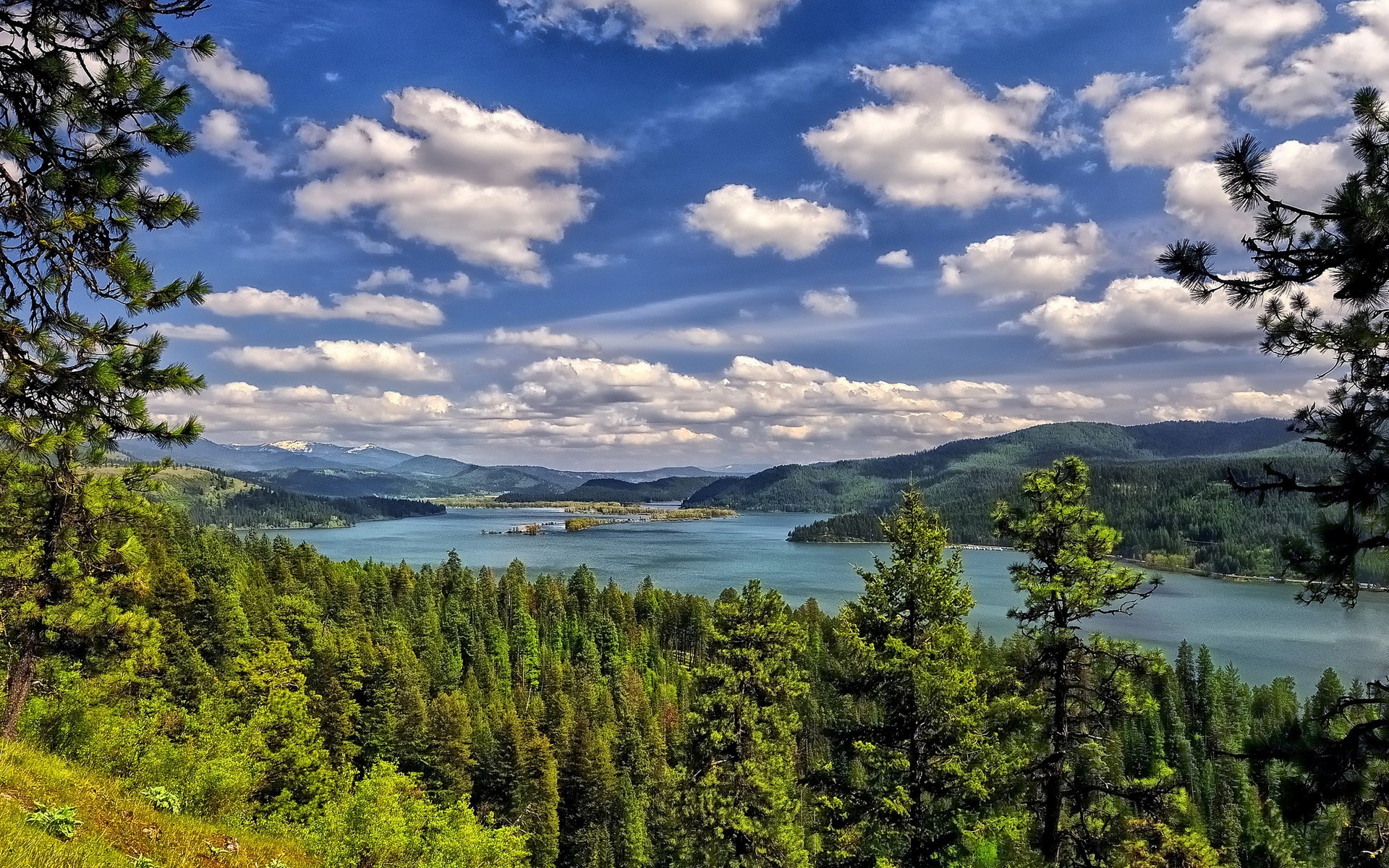 Lake surrounded by green forested mountains under a cloudy blue sky HD Wallpaper
