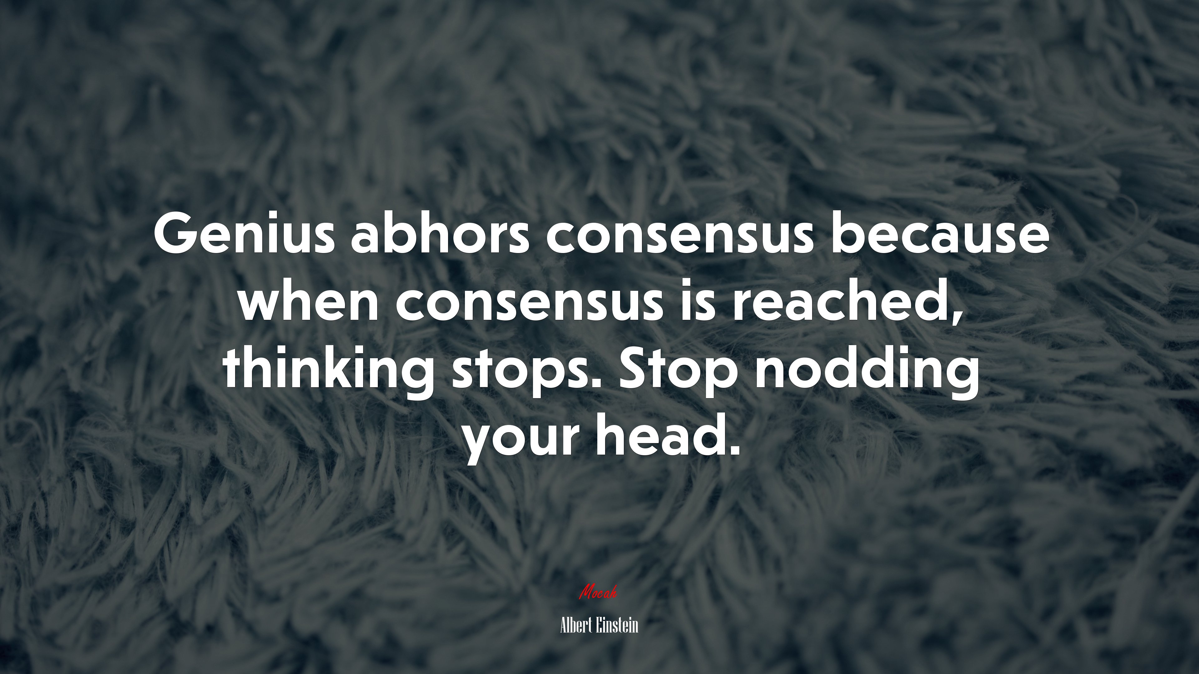 Genius abhors consensus because when consensus is reached, thinking stops. Stop nodding your head. | Albert Einstein quote HD Wallpaper