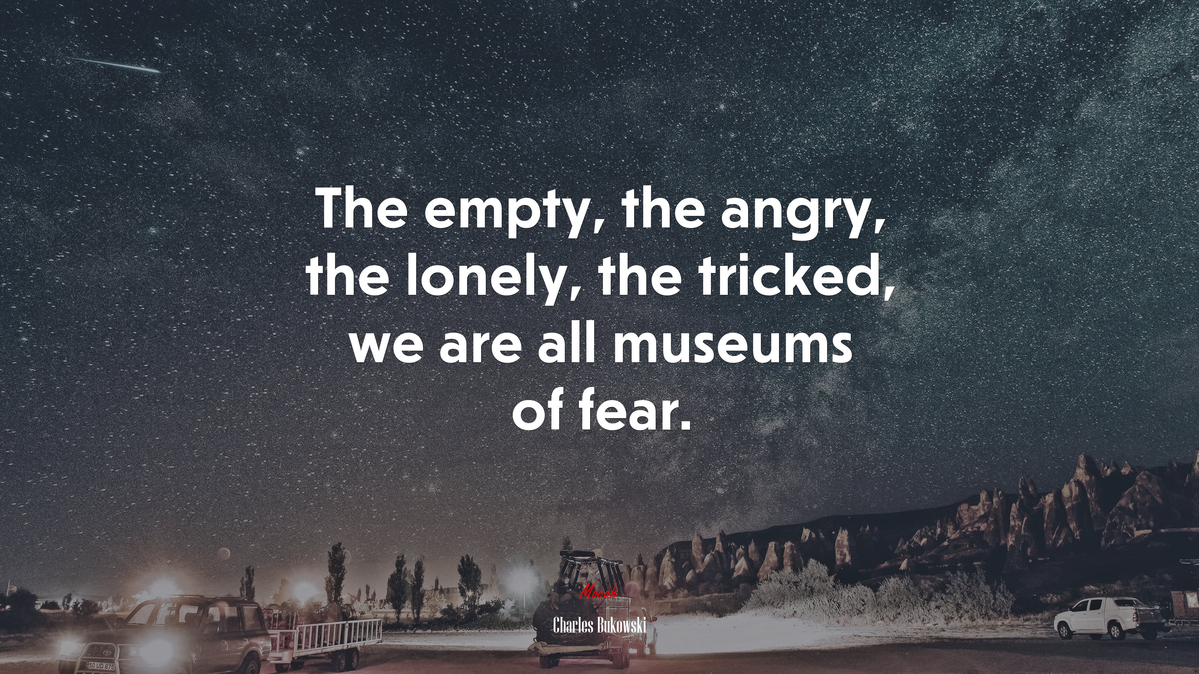 The empty, the angry, the lonely, the tricked, we are all museums of fear. | Charles Bukowski quote HD Wallpaper