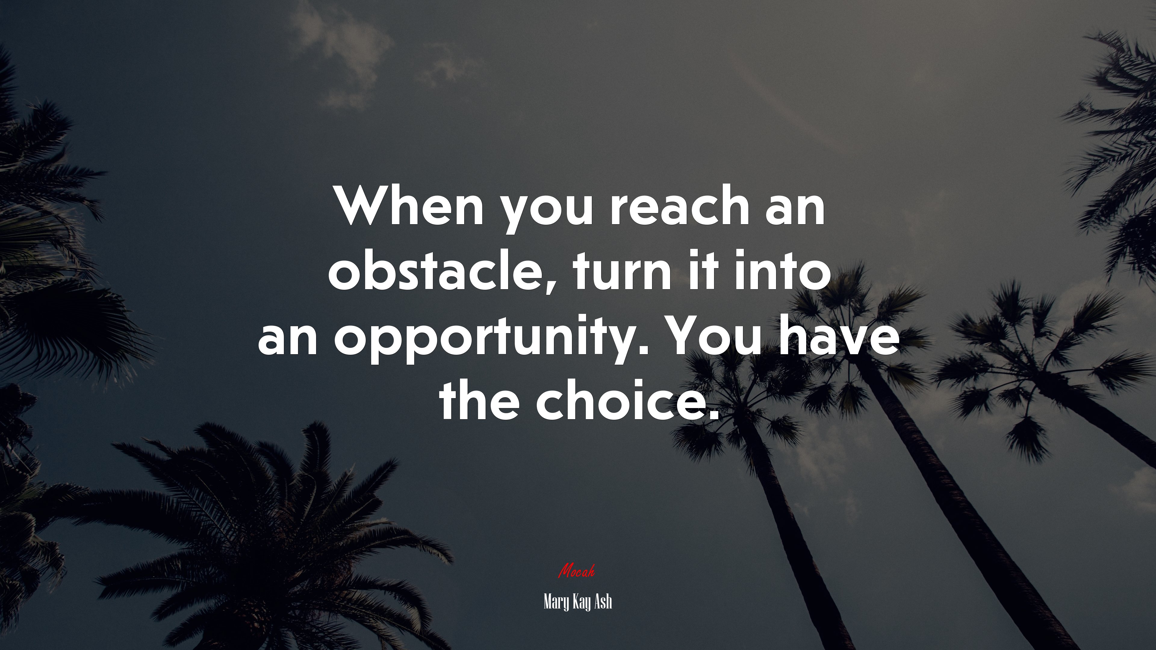 When you reach an obstacle, turn it into an opportunity. You have the choice. | Mary Kay Ash quote HD Wallpaper
