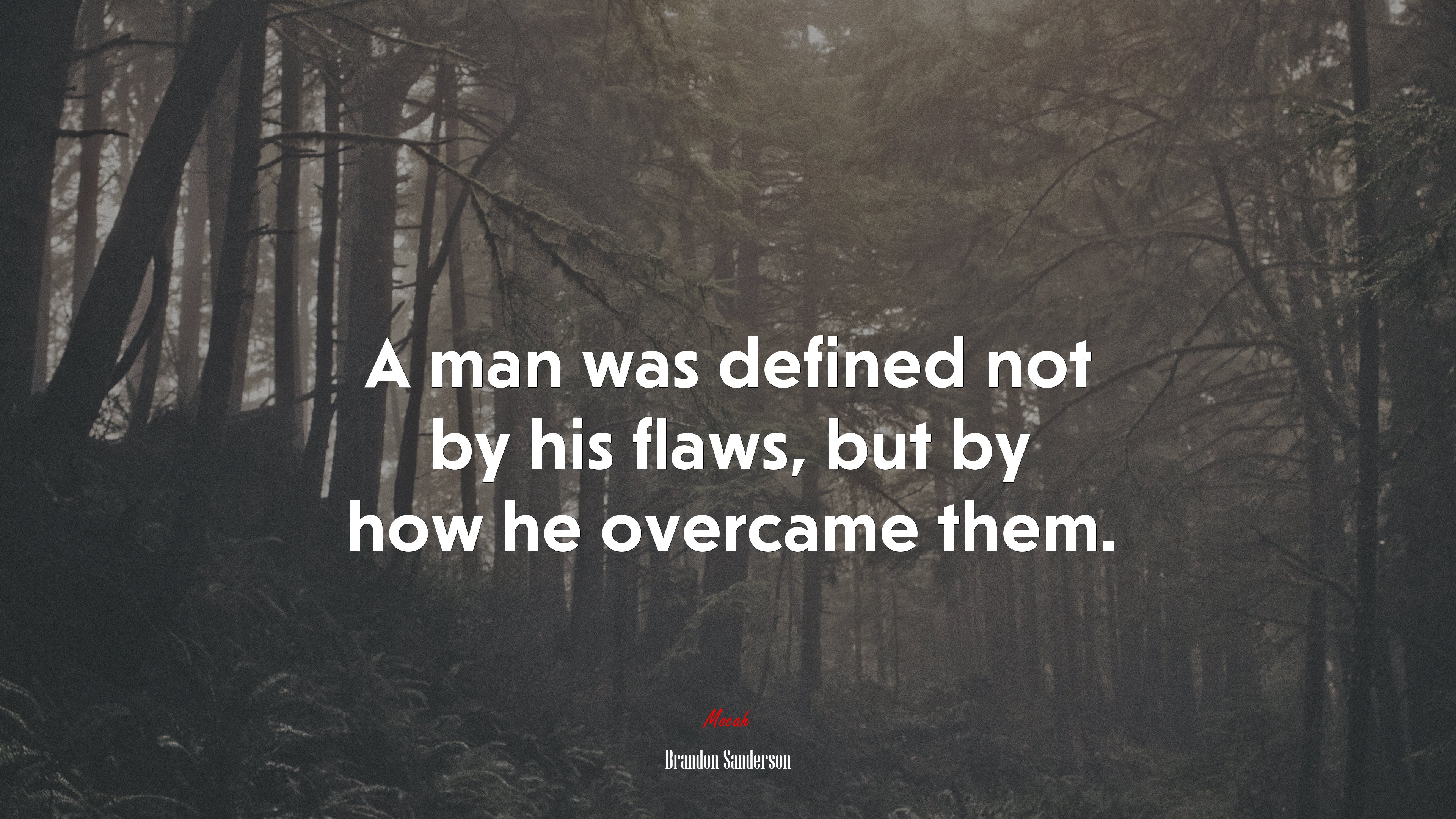 A man was defined not by his flaws, but by how he overcame them. | Brandon Sanderson quote HD Wallpaper