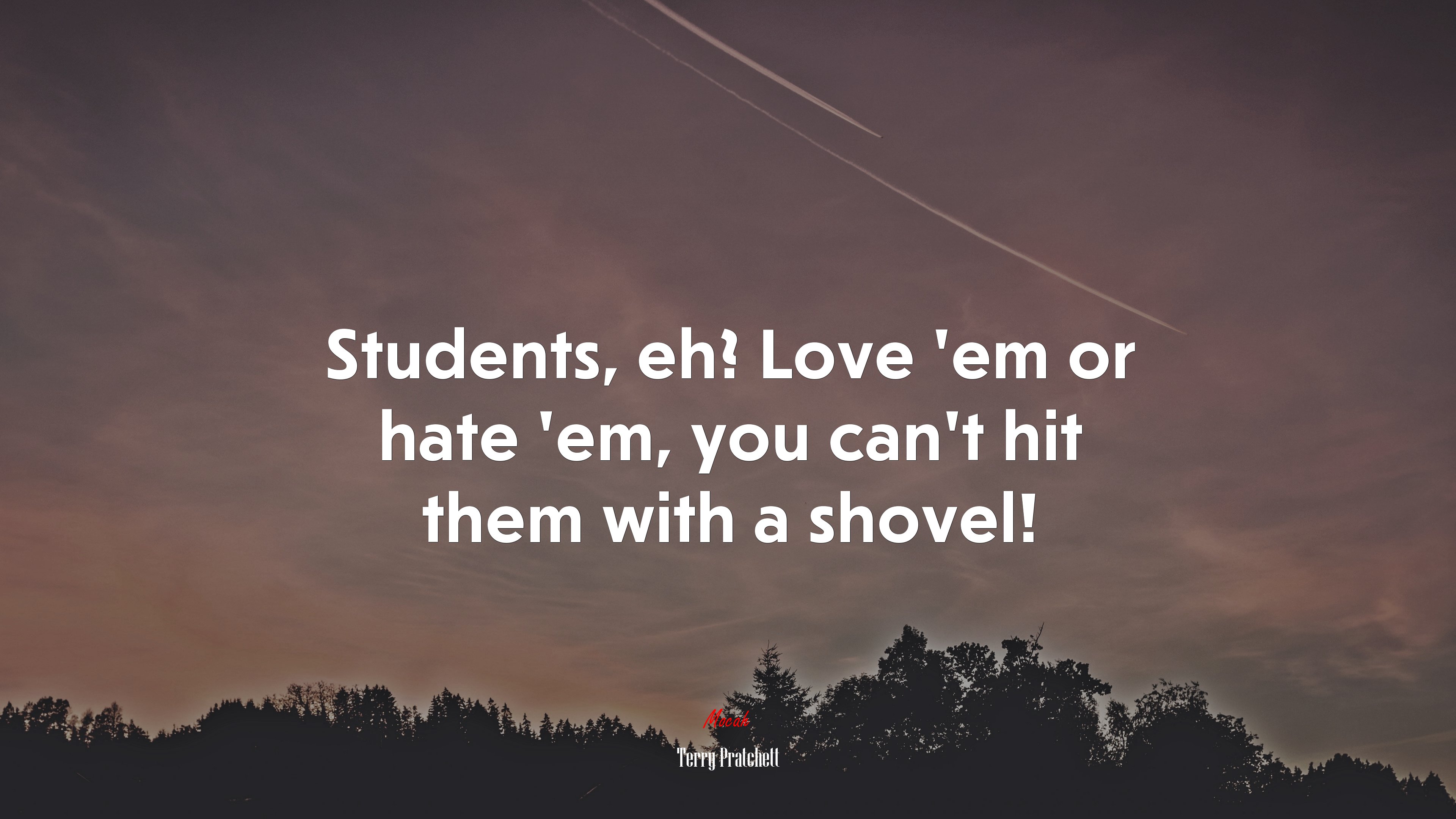 Students, eh? Love ’em or hate ’em, you can’t hit them with a shovel! | Terry Pratchett quote HD Wallpaper