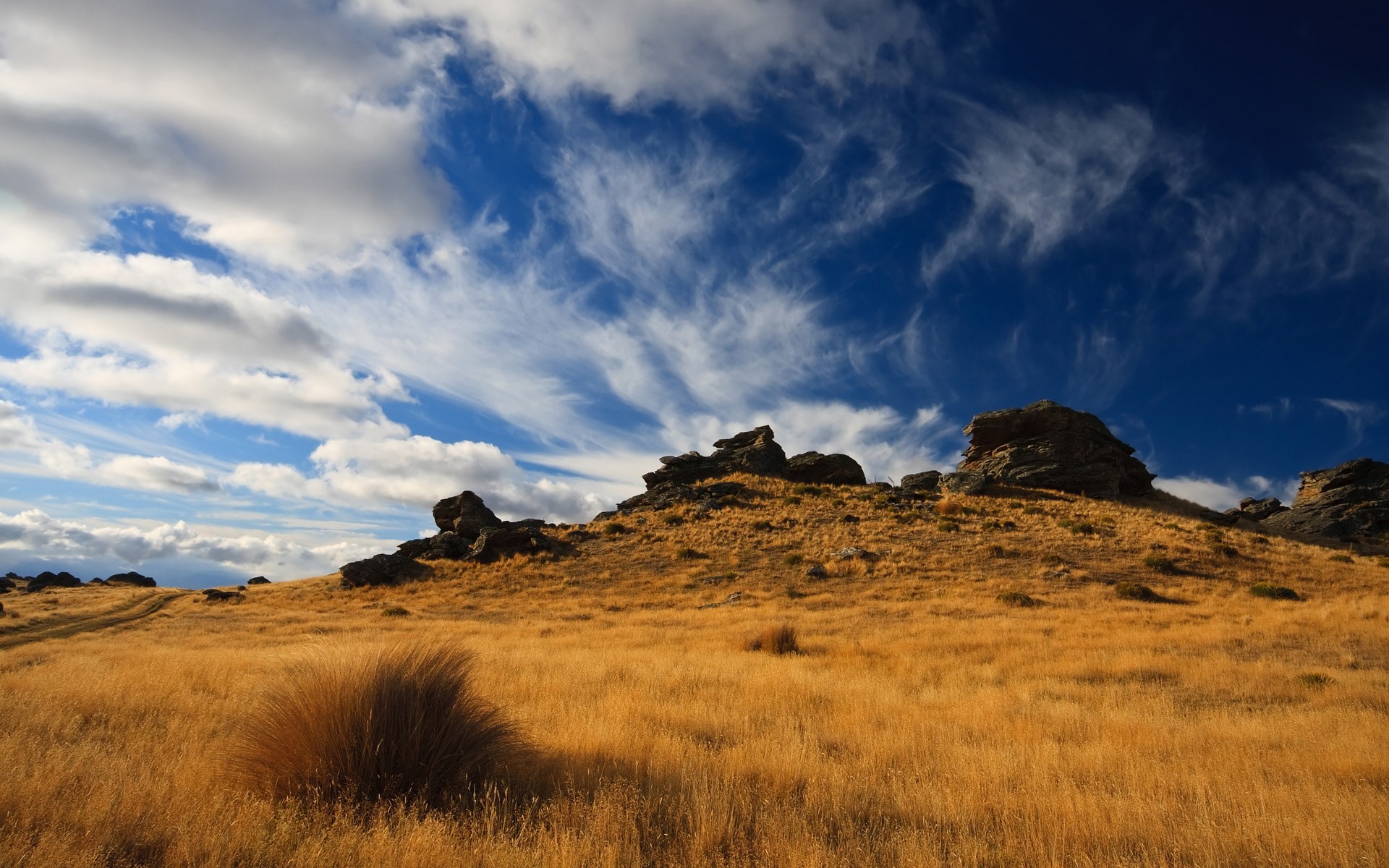 Golden grass field with rocky hills and blue sky HD Wallpaper