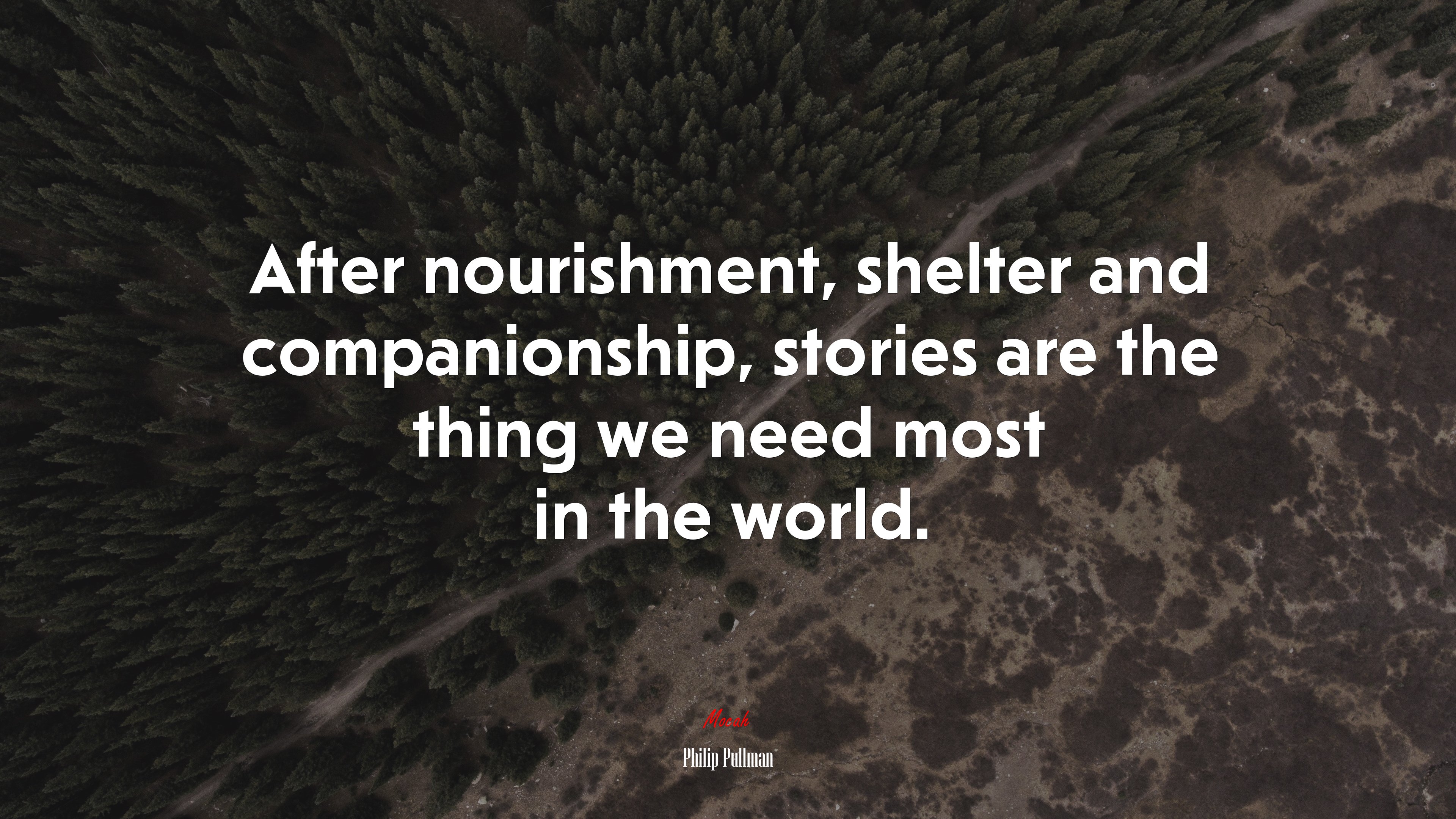 After nourishment, shelter and companionship, stories are the thing we need most in the world. | Philip Pullman quote HD Wallpaper