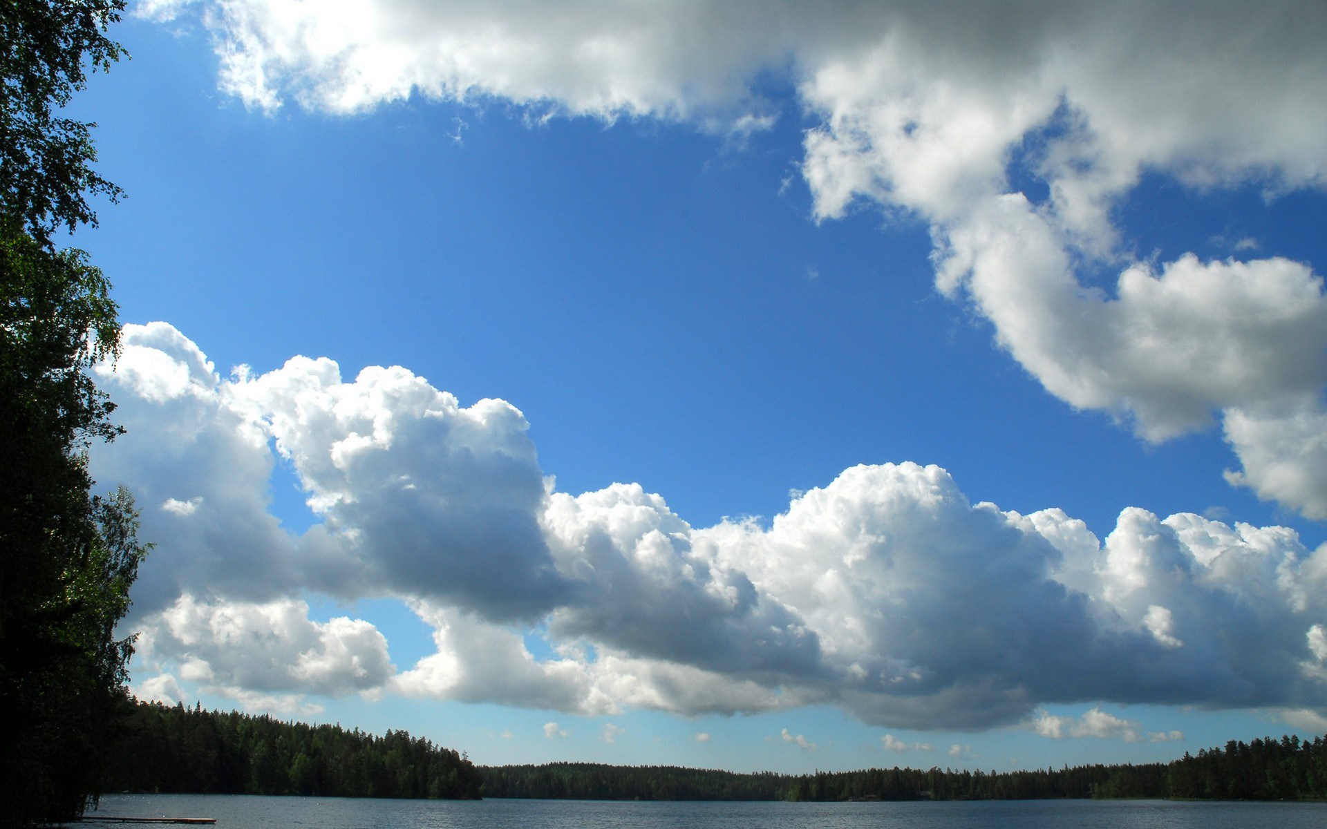 Lake and forest under a cloudy blue sky HD Wallpaper