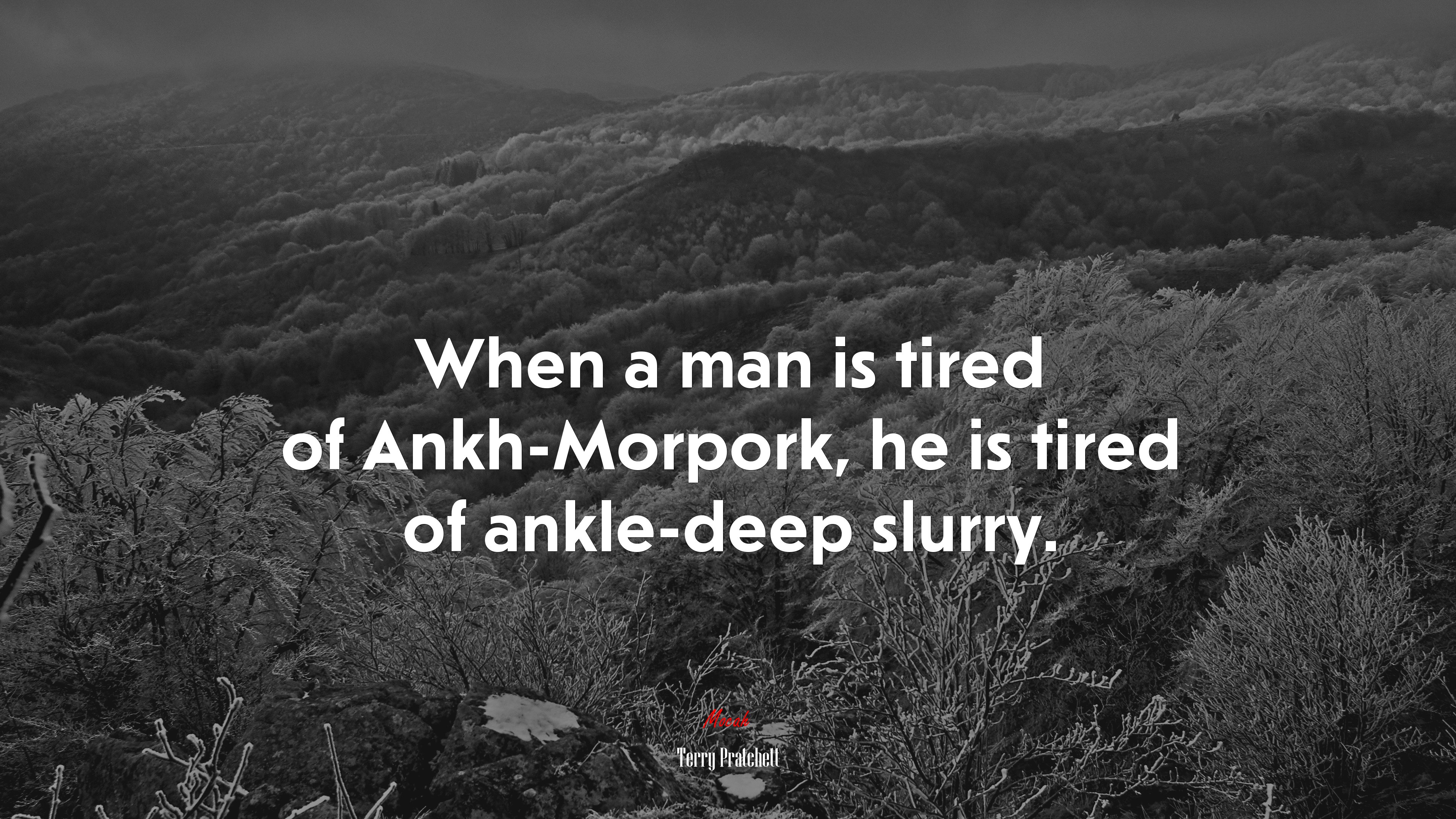 When a man is tired of Ankh-Morpork, he is tired of ankle-deep slurry. | Terry Pratchett quote HD Wallpaper