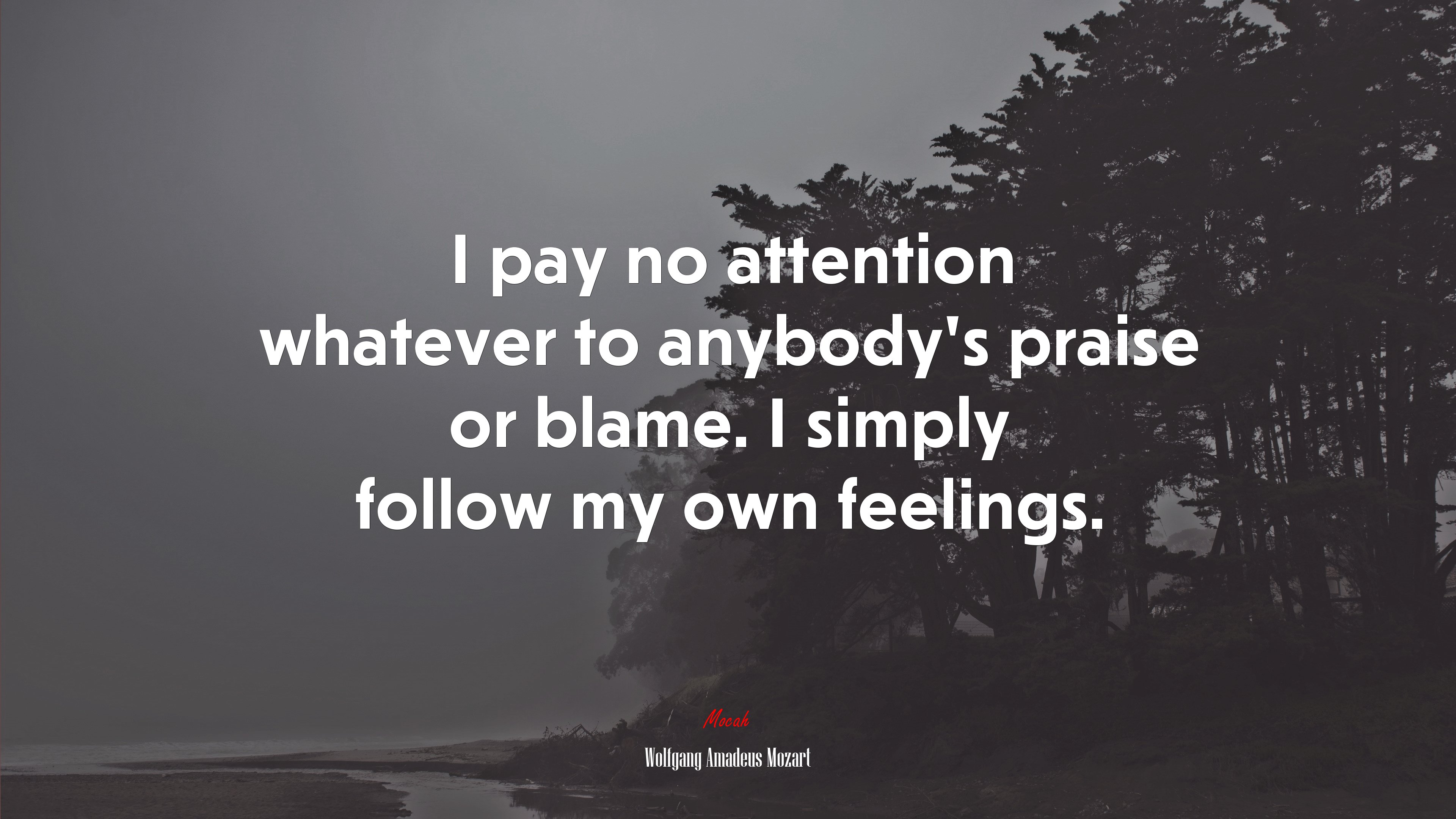 I pay no attention whatever to anybody’s praise or blame. I simply follow my own feelings. | Wolfgang Amadeus Mozart quote HD Wallpaper