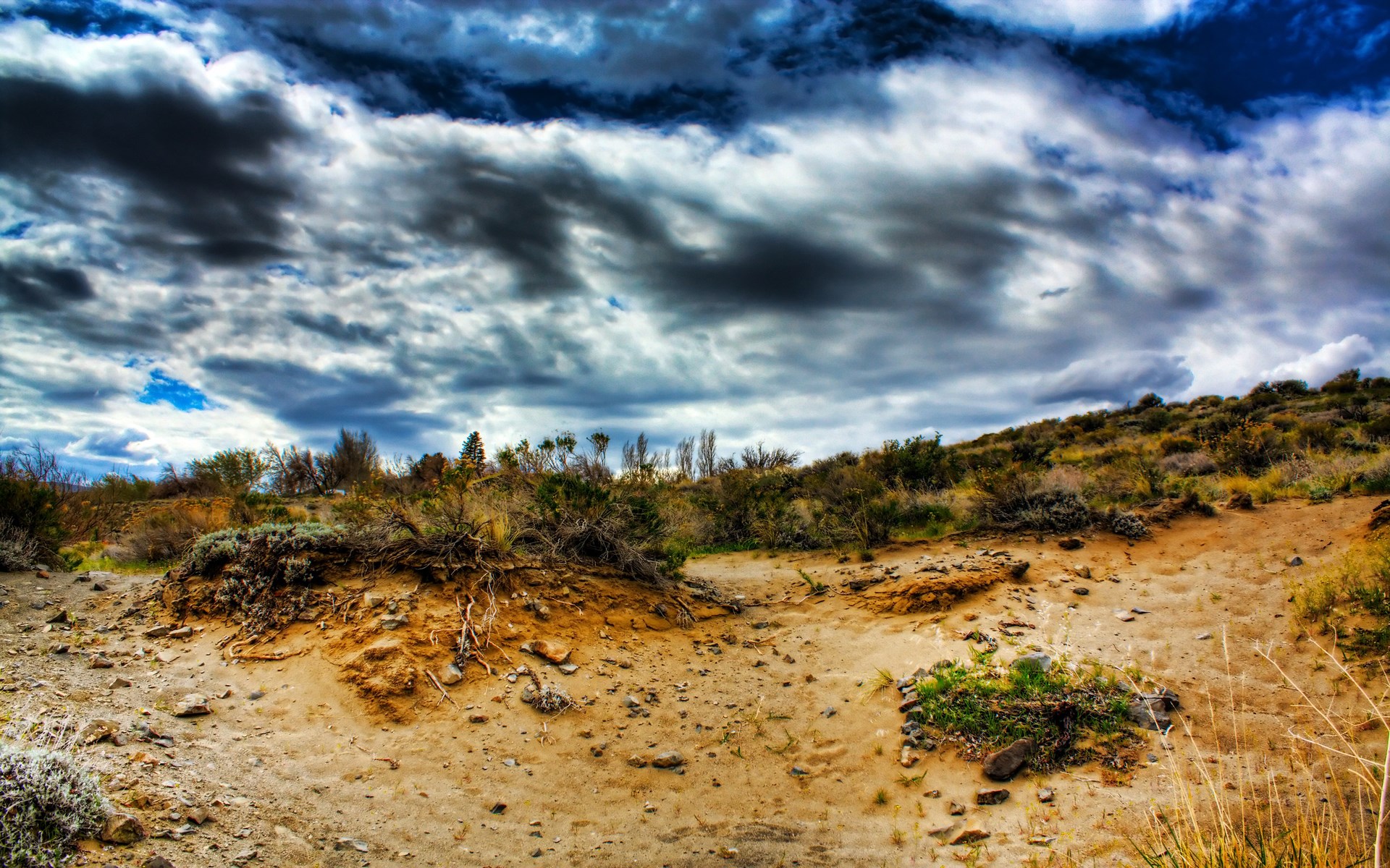 Desert landscape with dramatic clouds HD Wallpaper