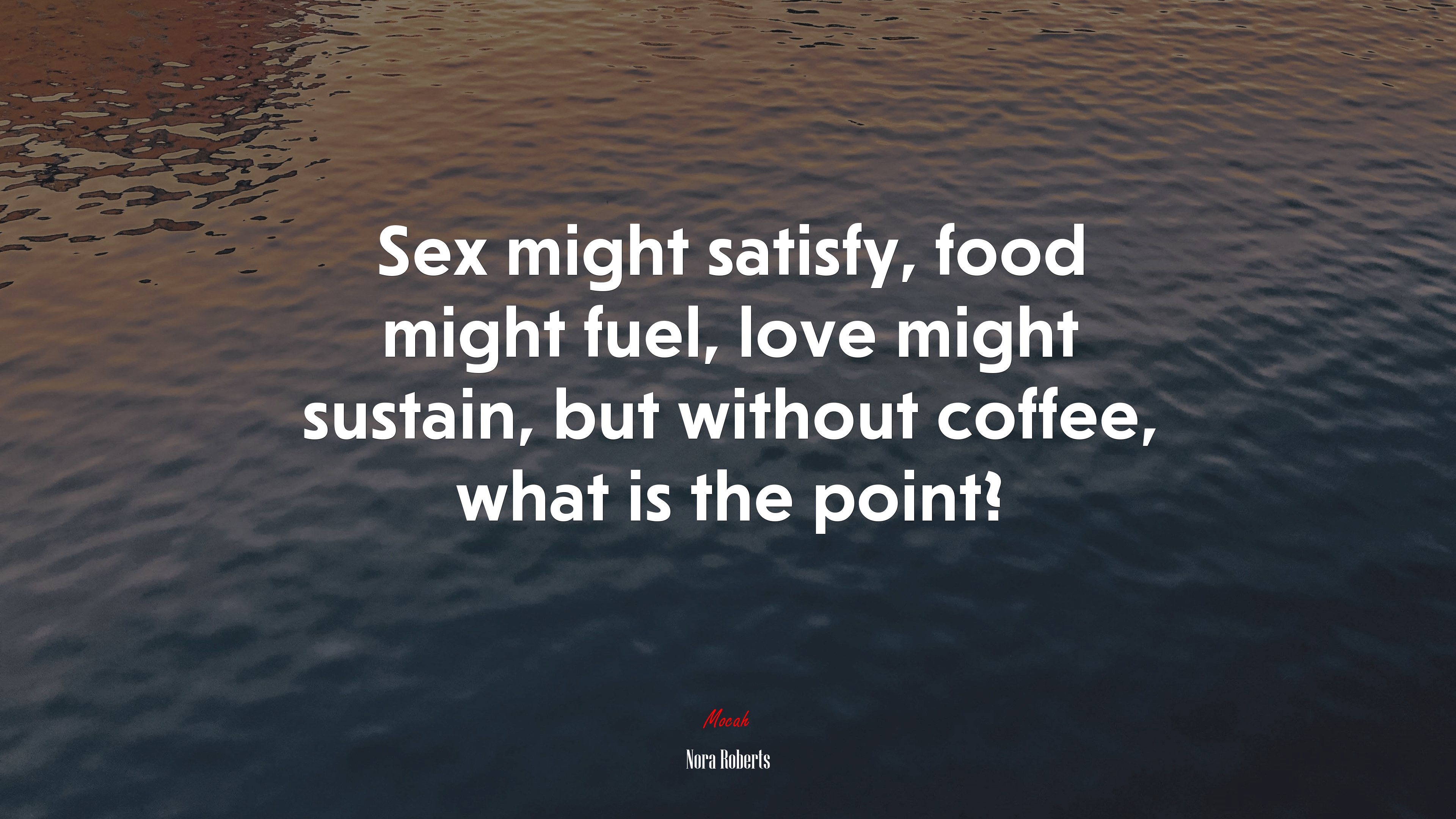 Sex might satisfy, food might fuel, love might sustain, but without coffee, what is the point? | Nora Roberts quote HD Wallpaper