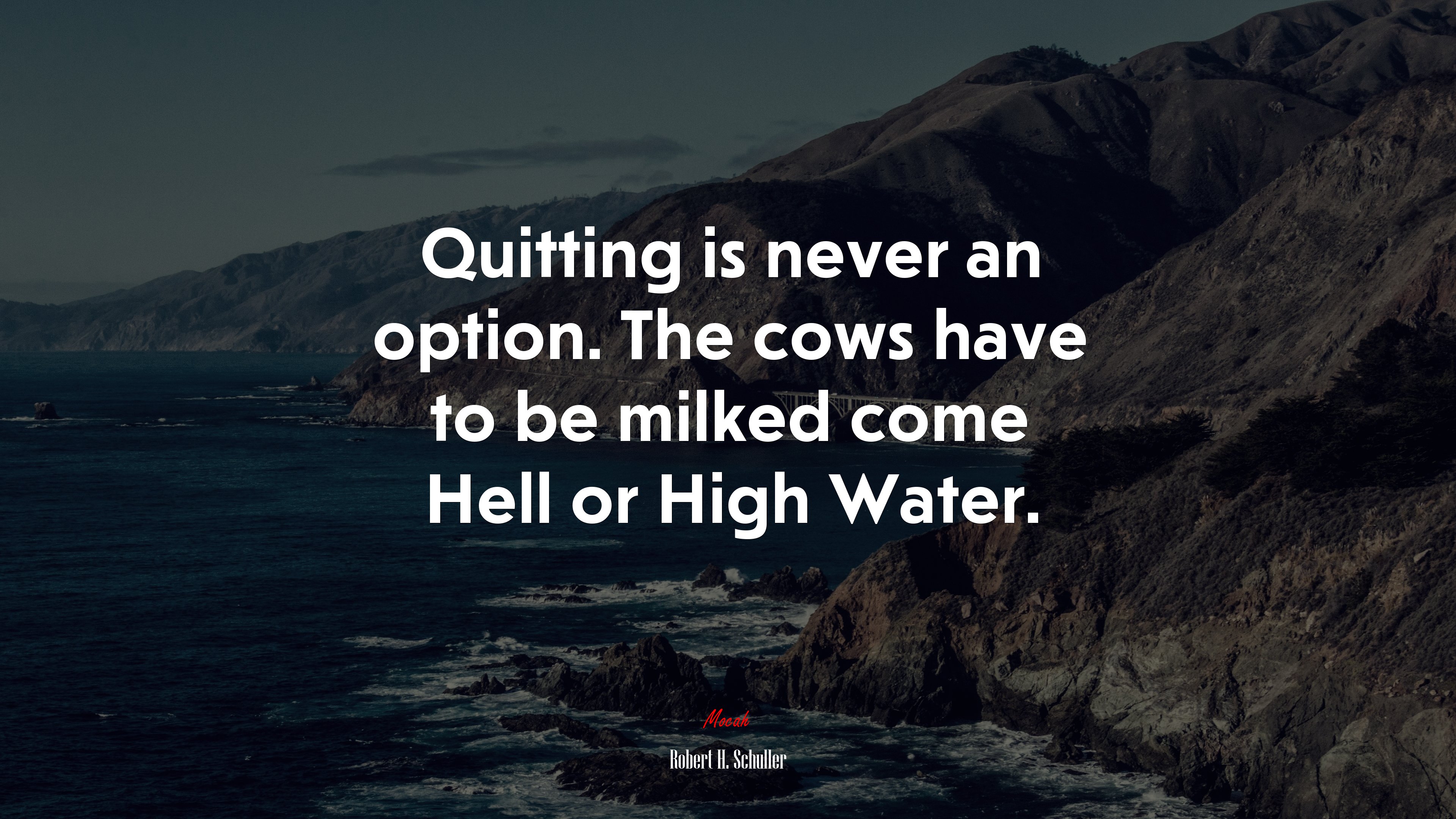 Quitting is never an option. The cows have to be milked come Hell or High Water. | Robert H. Schuller quote HD Wallpaper