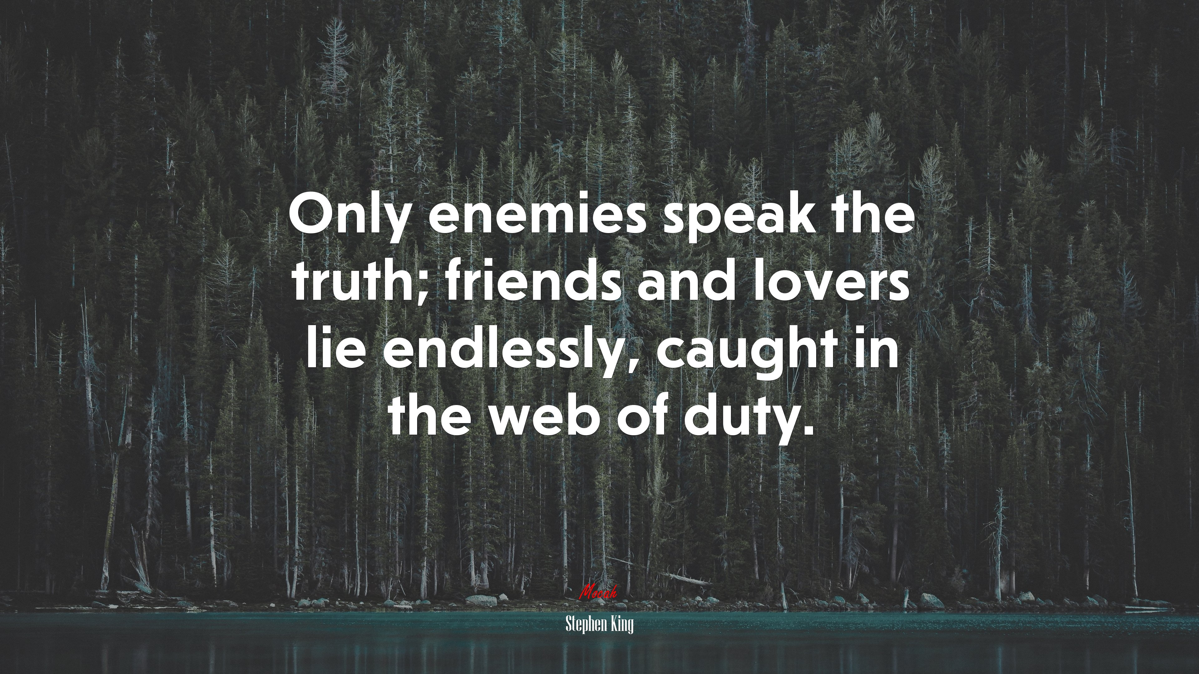 Only enemies speak the truth; friends and lovers lie endlessly, caught in the web of duty. | Stephen King quote HD Wallpaper